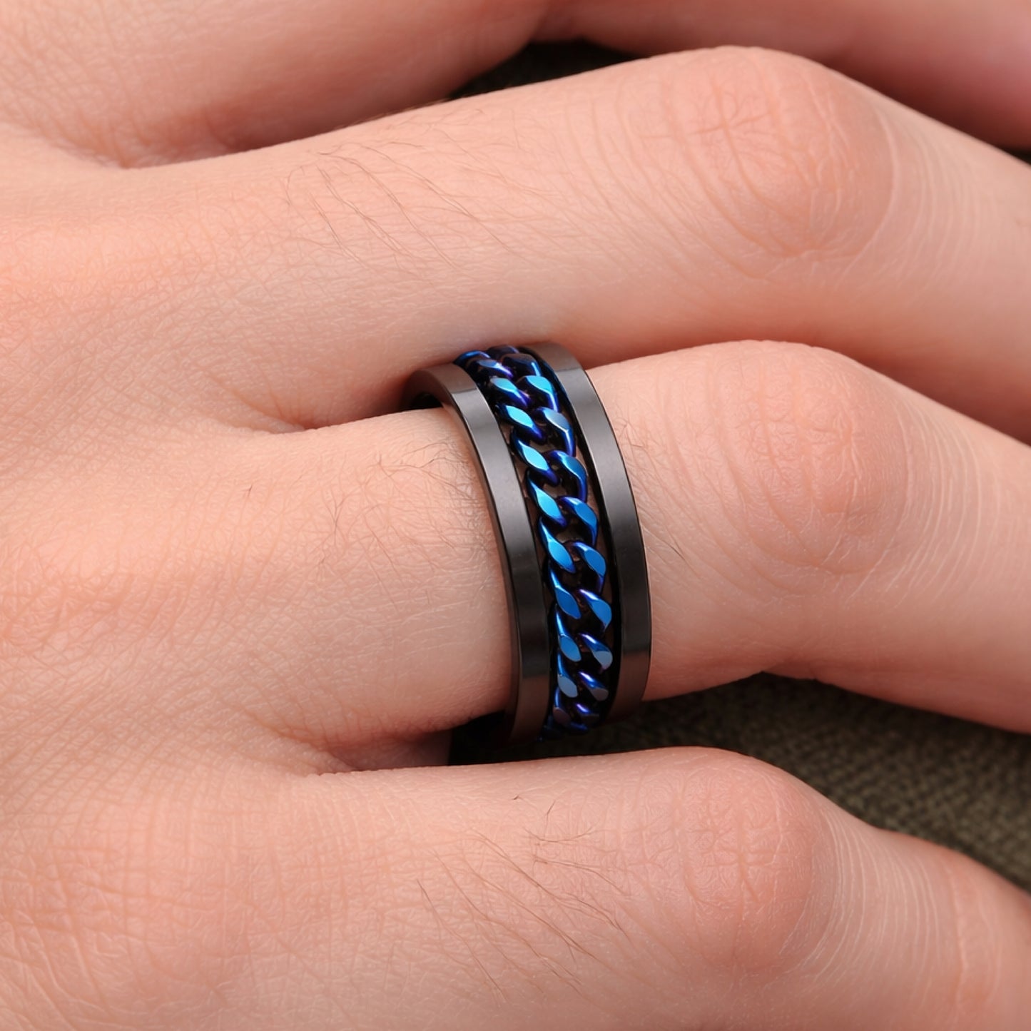 Black Stainless Steel Ring with Blue Chain Spinner