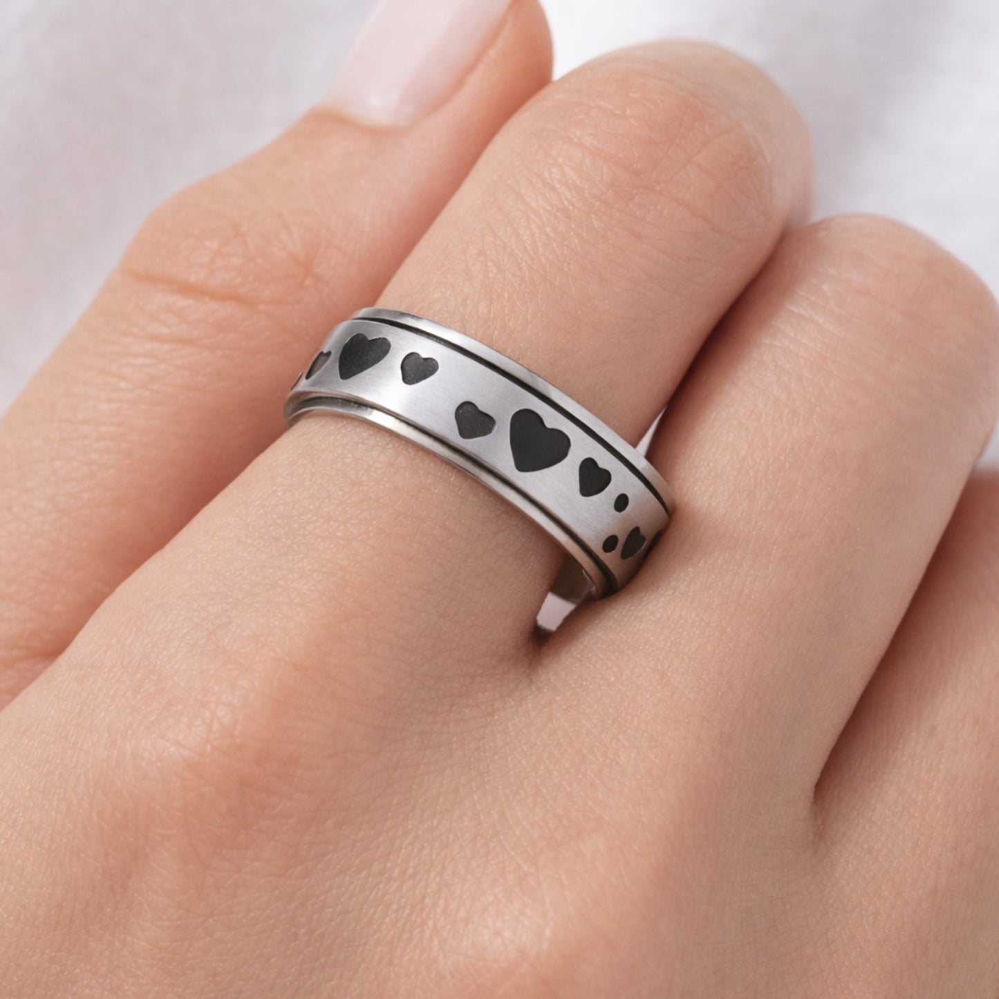 Stainless Steel Heart Spinner Ring – Silver Fidget Band