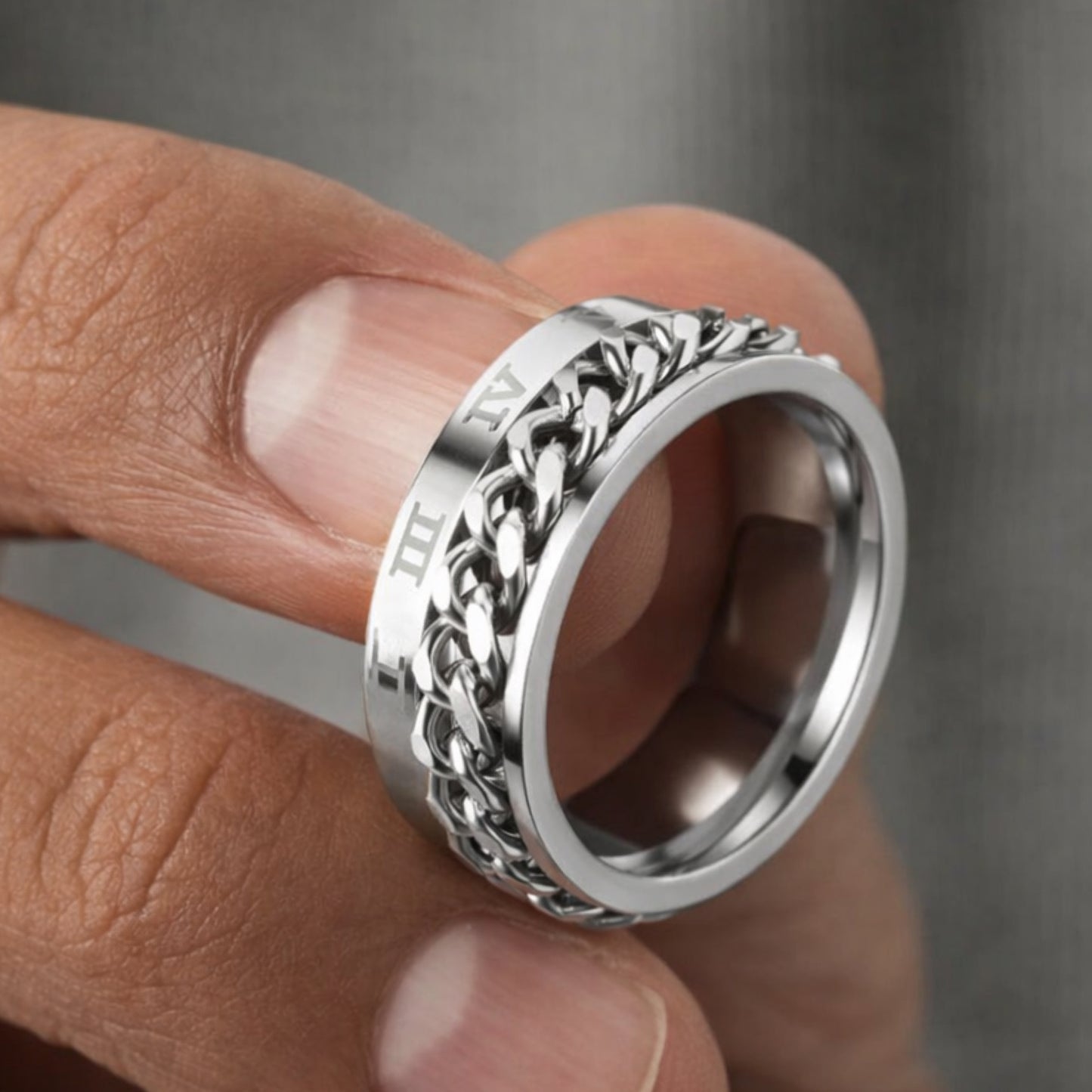 Stainless Steel Spinner Ring with Roman Numerals & Chain Band