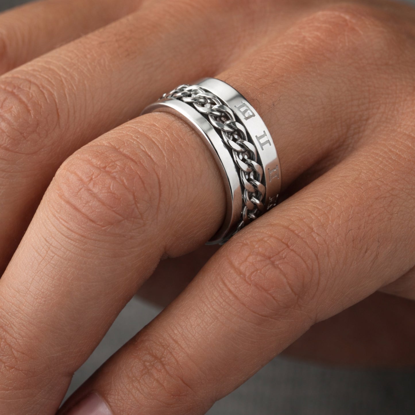 Stainless Steel Spinner Ring with Roman Numerals & Chain Band