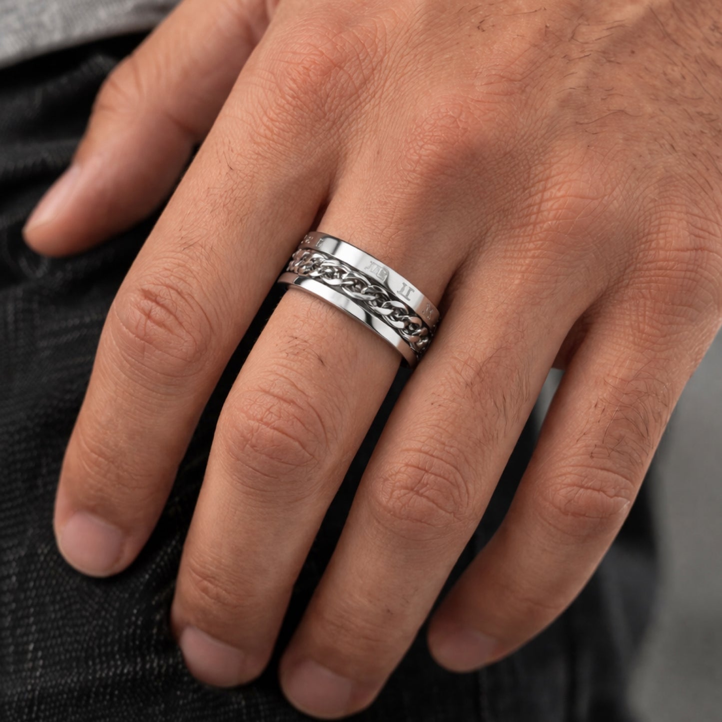 Stainless Steel Spinner Ring with Roman Numerals & Chain Band