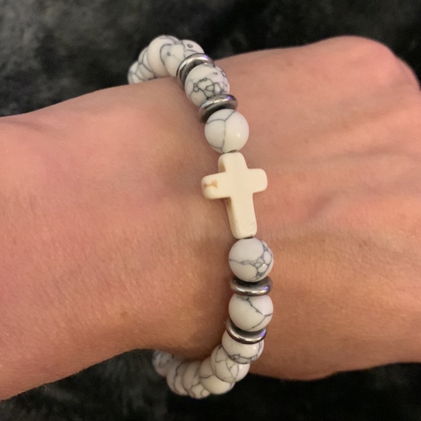 White Howlite Cross Beaded Bracelet