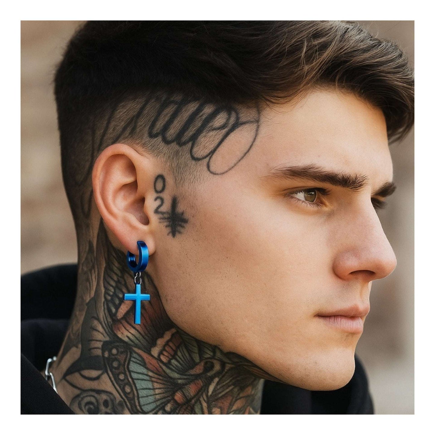 Men’s Blue Stainless Steel Cross Hoop Earrings – Punk Streetwear Dangle Jewelry