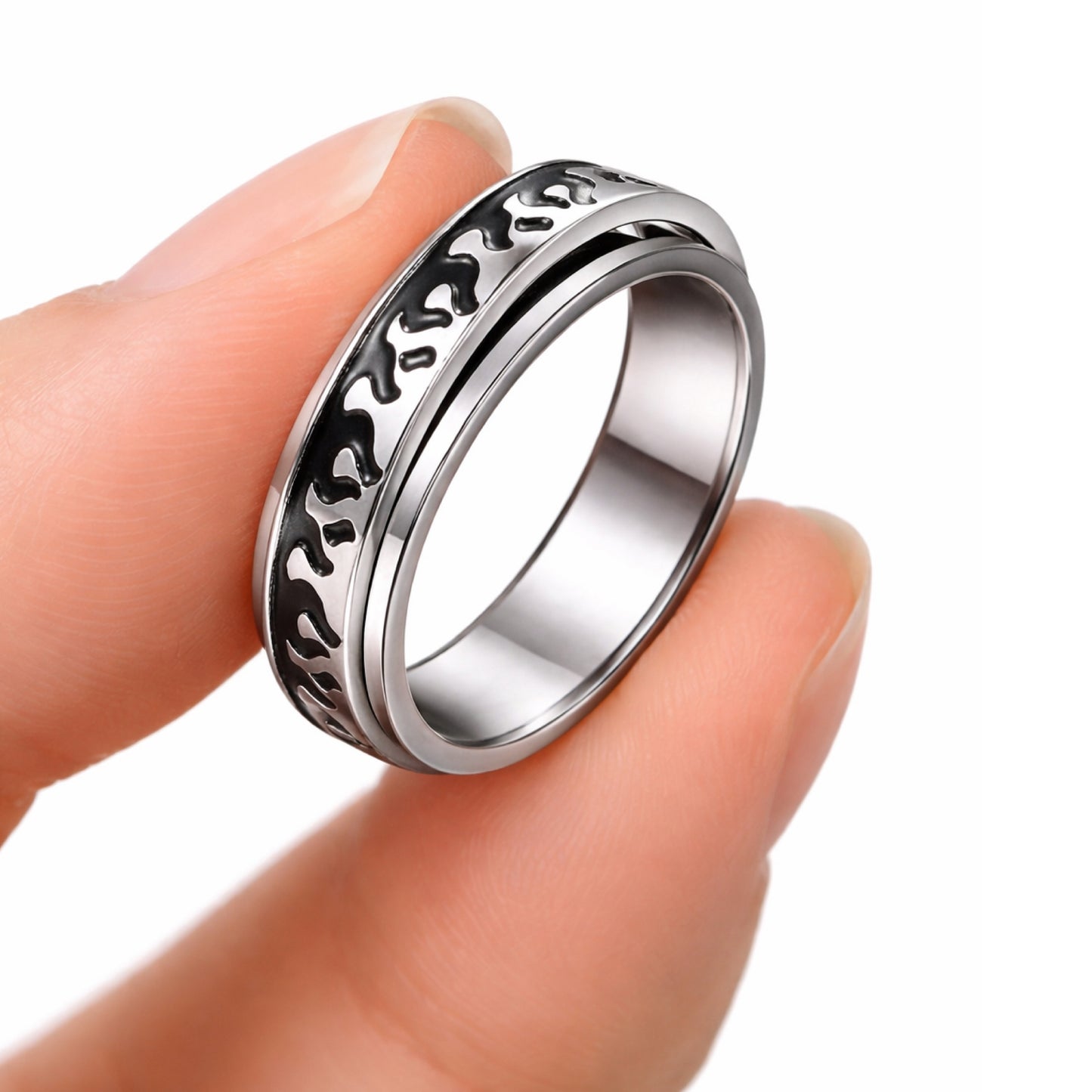 Stainless Steel Flame Fidget Spinner Ring - Black & Silver Band