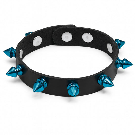 Black Faux Leather Bracelet with Blue Spikes – Punk Gothic Bracelet