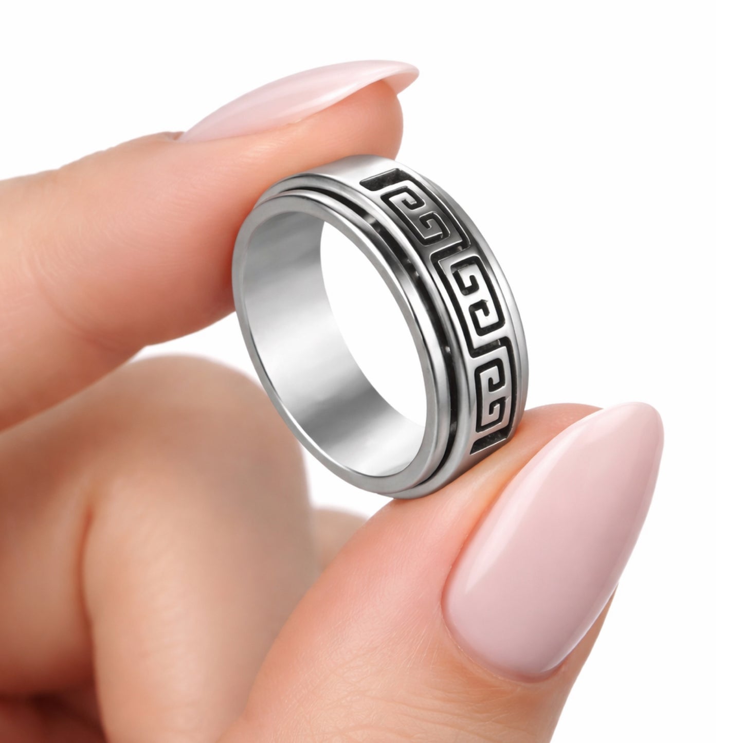 Stainless Steel Greek Key Cutout Fidget Spinner Ring
