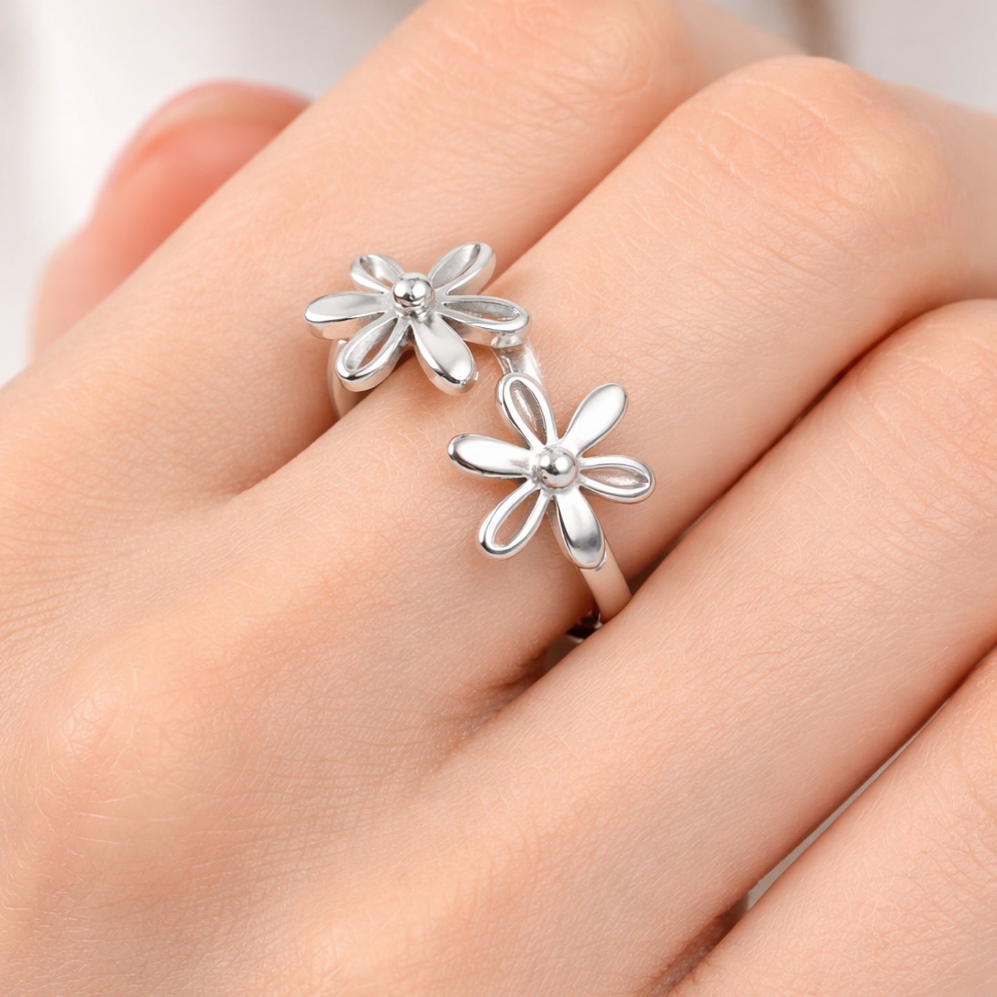 Stainless Steel Floral Daisy Flower Open Ring – Adjustable