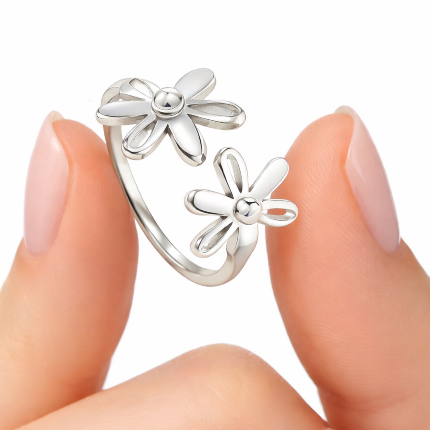 Stainless Steel Floral Daisy Flower Open Ring – Adjustable