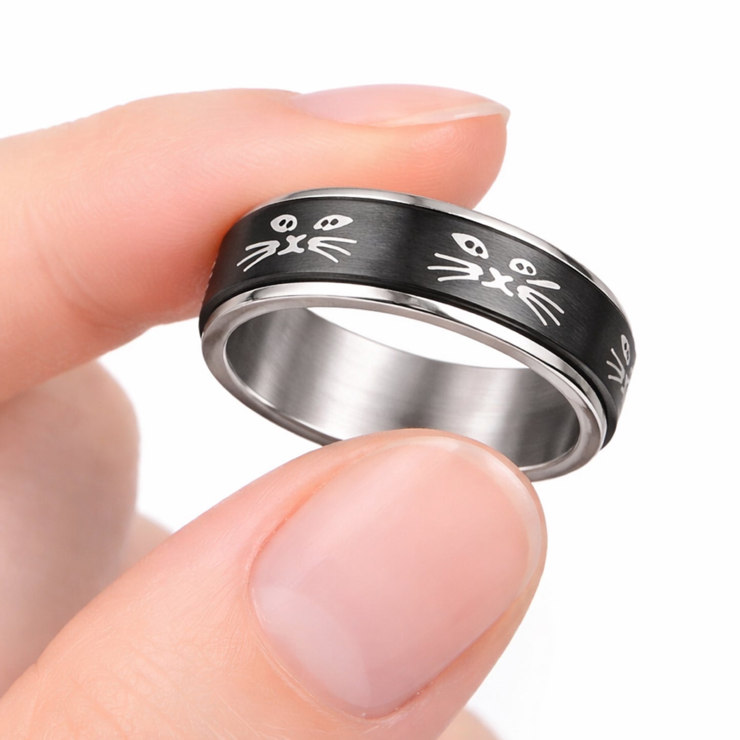 Cat Face Fidget Spinner Ring –  Black & Silver