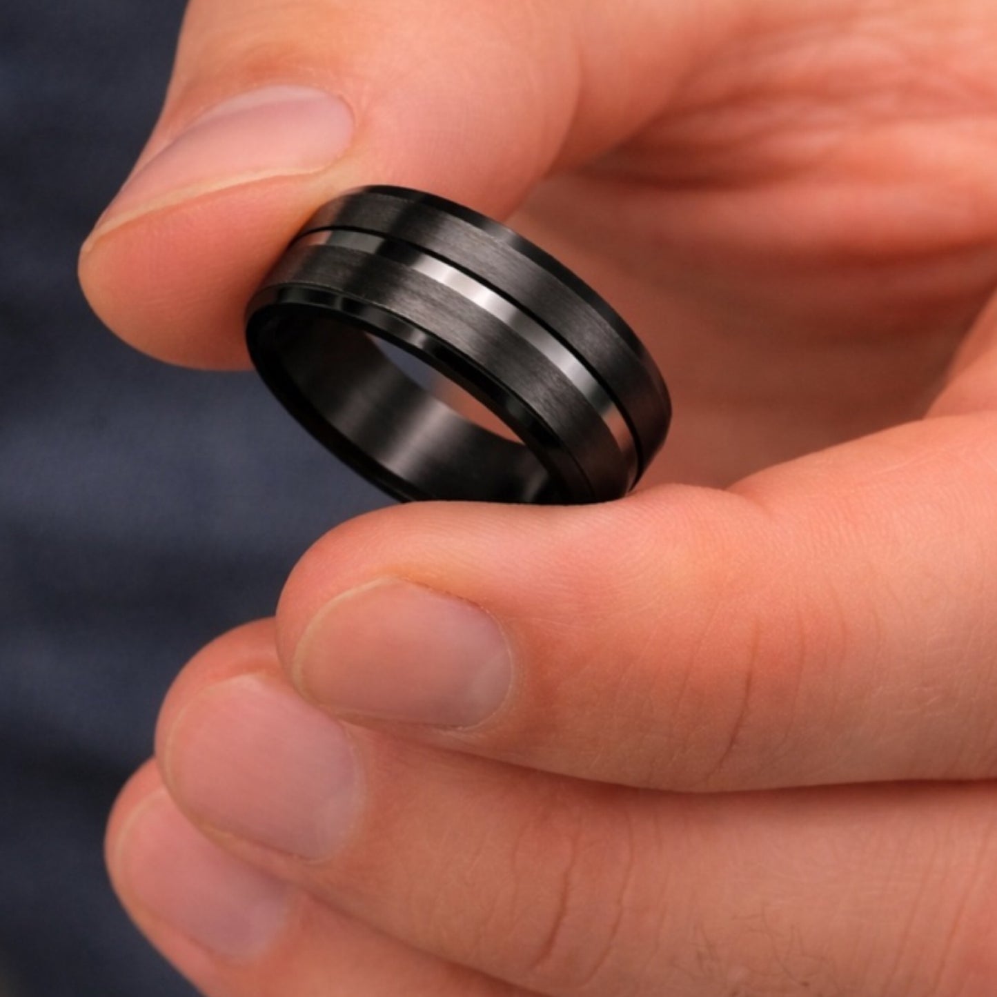 Black Stainless Steel Ring – Brushed Matte Band with Polished Groove