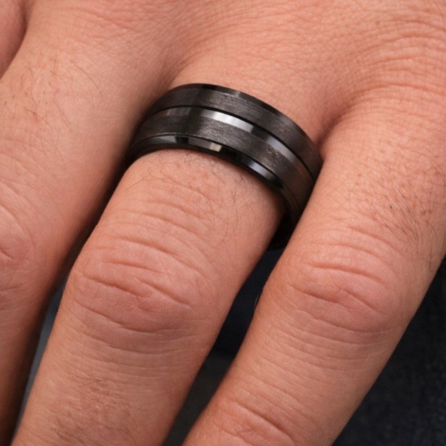 Black Stainless Steel Ring – Brushed Matte Band with Polished Groove