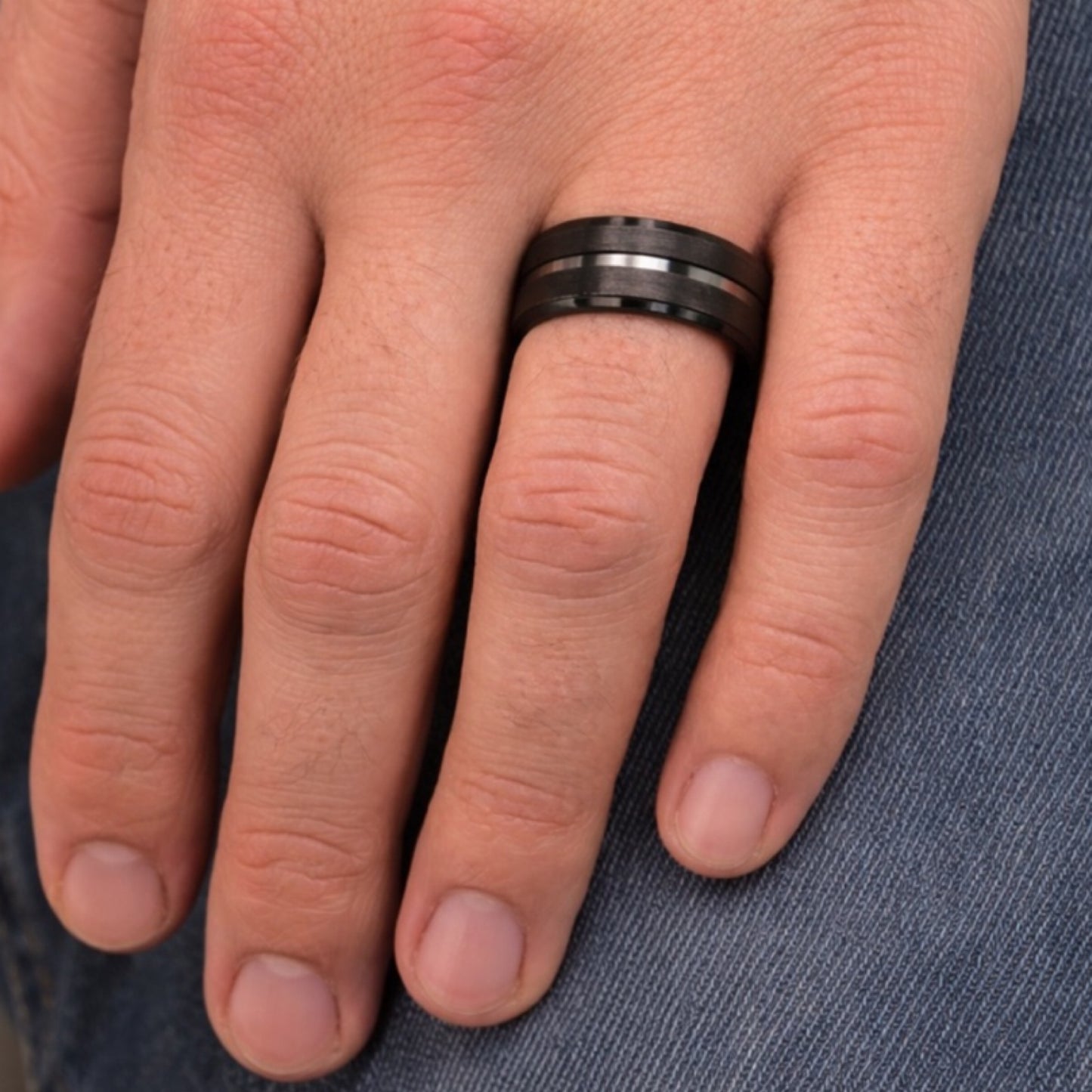 Black Stainless Steel Ring – Brushed Matte Band with Polished Groove