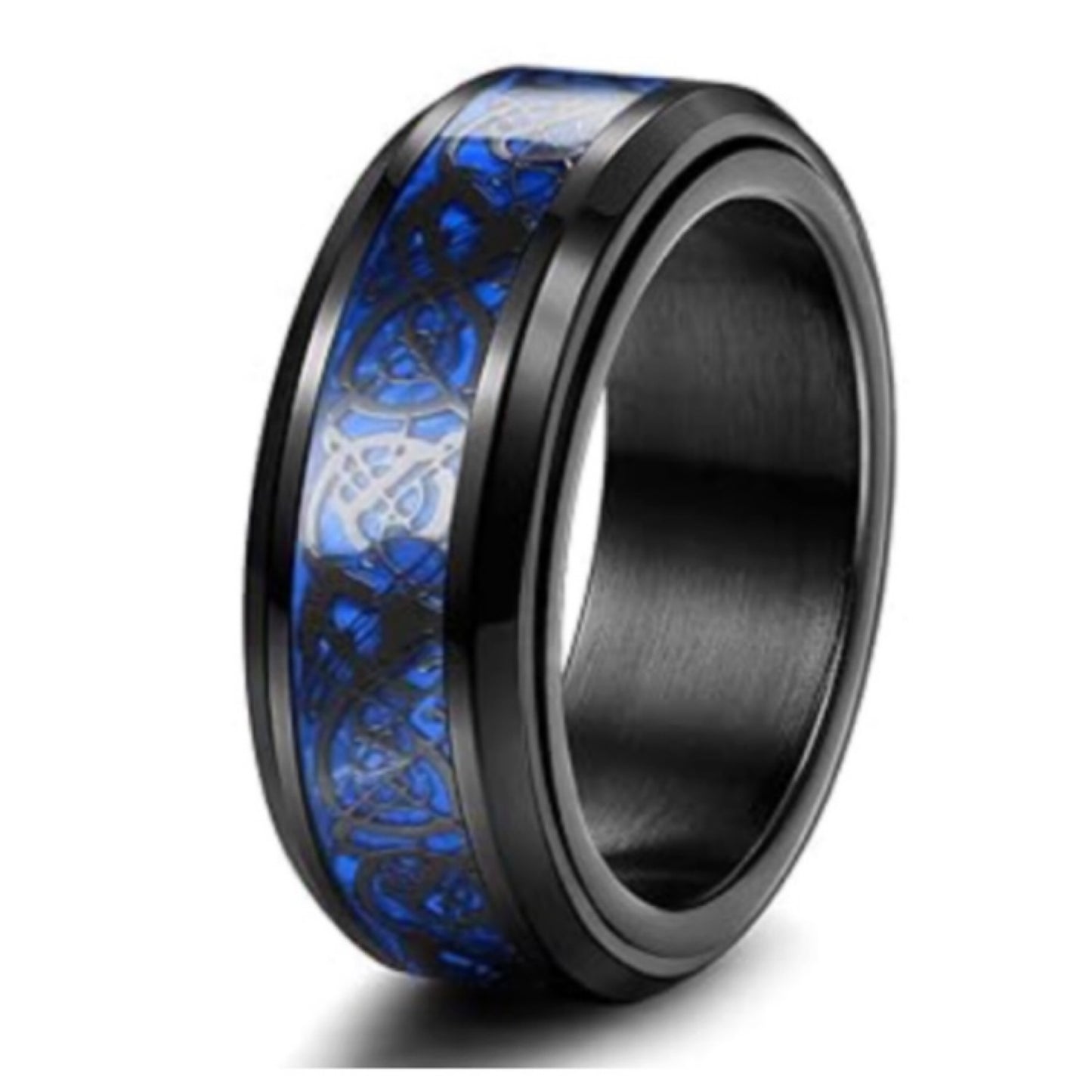 Men’s Black Tungsten Ring with Blue Celtic Inlay – 8mm Comfort Fit Band