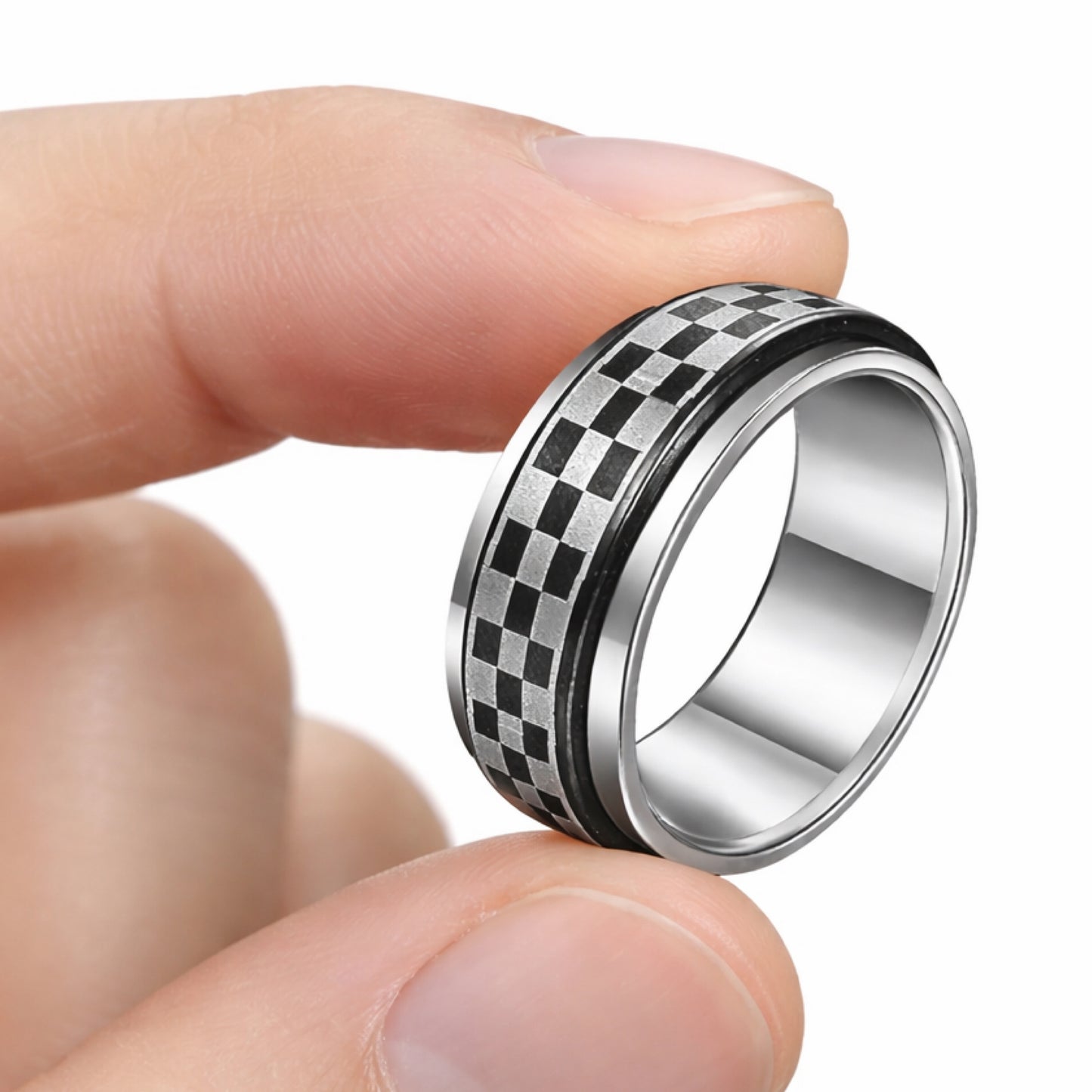 Silver Black Checkered Spinner Ring