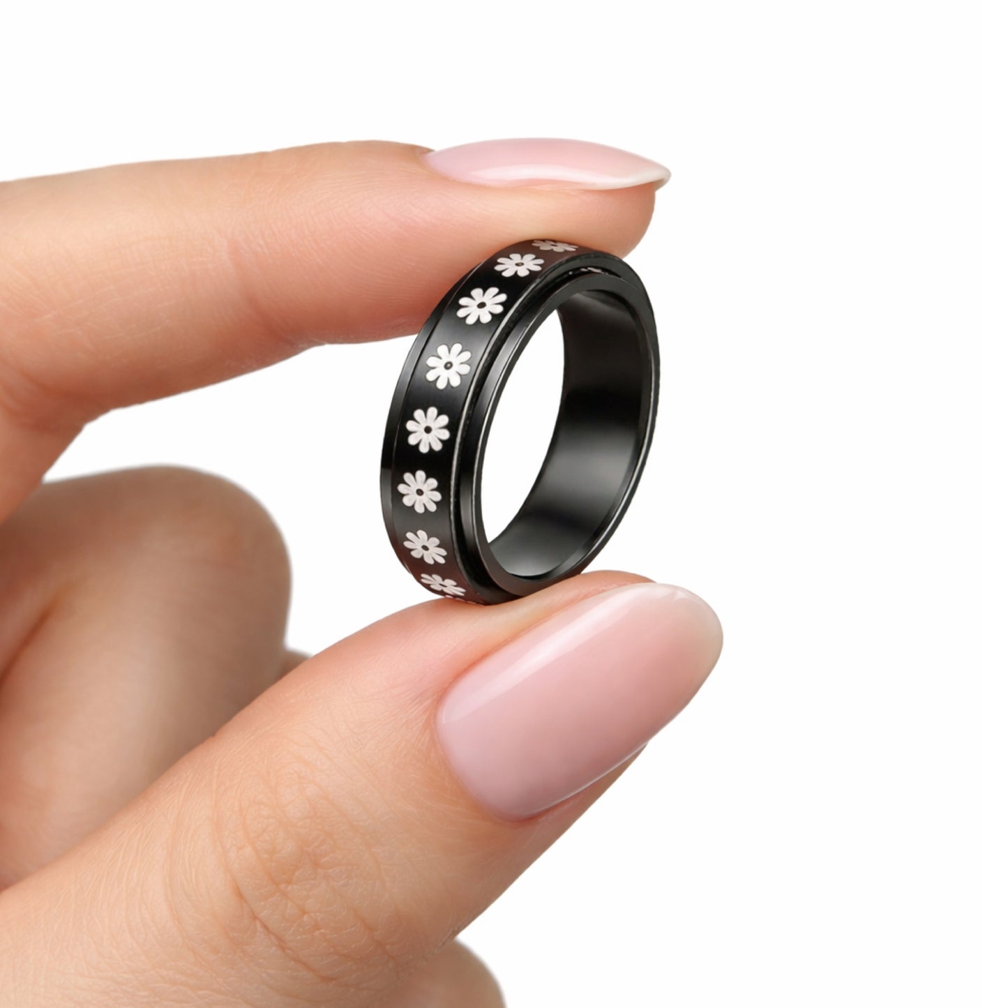 Black Stainless Steel Daisy Flower Spinner Ring