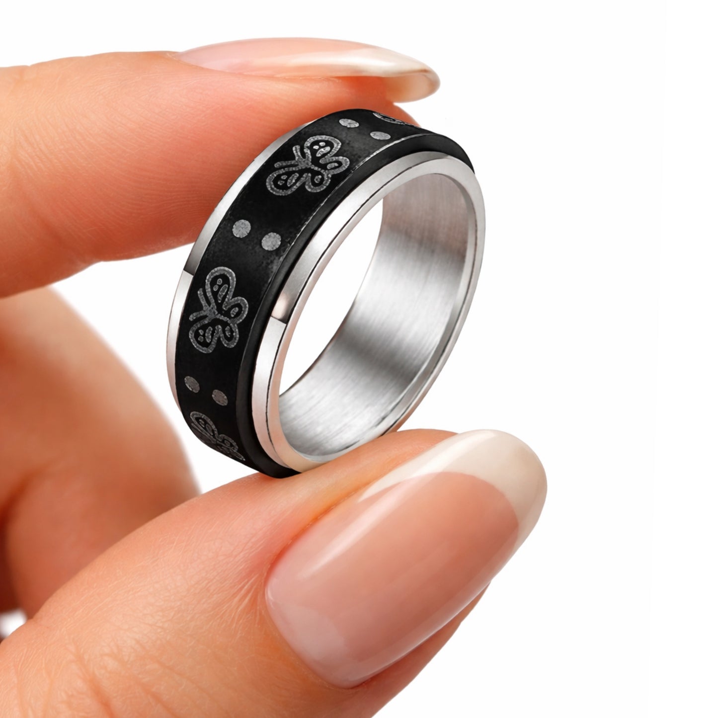 Stainless Steel Butterfly Fidget Spinner Ring – Black & Silver Band
