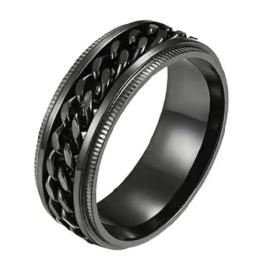 Black Stainless Steel Chain Spinner Ring – Textured Edge Fidget Band