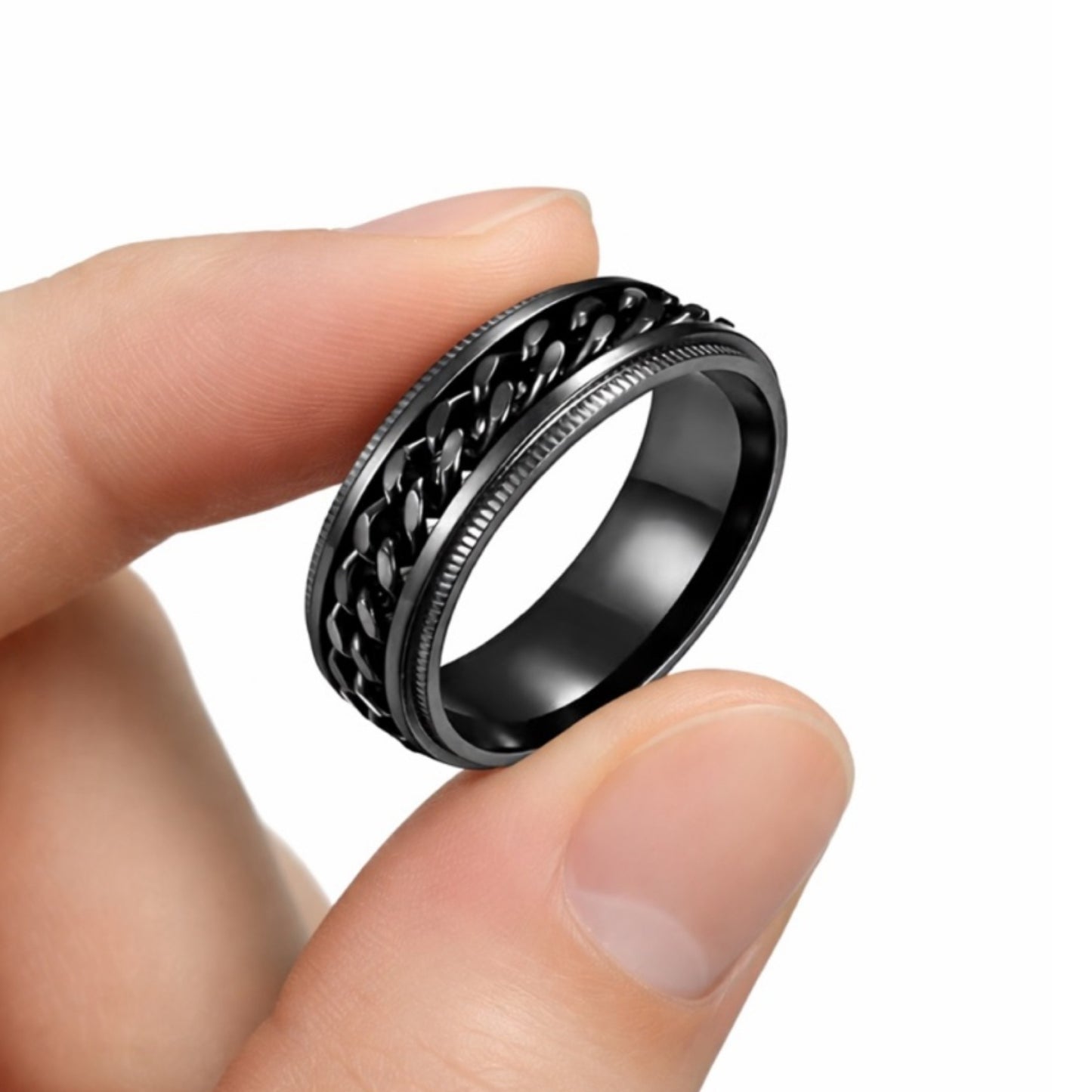 Black Stainless Steel Chain Spinner Ring – Textured Edge Fidget Band
