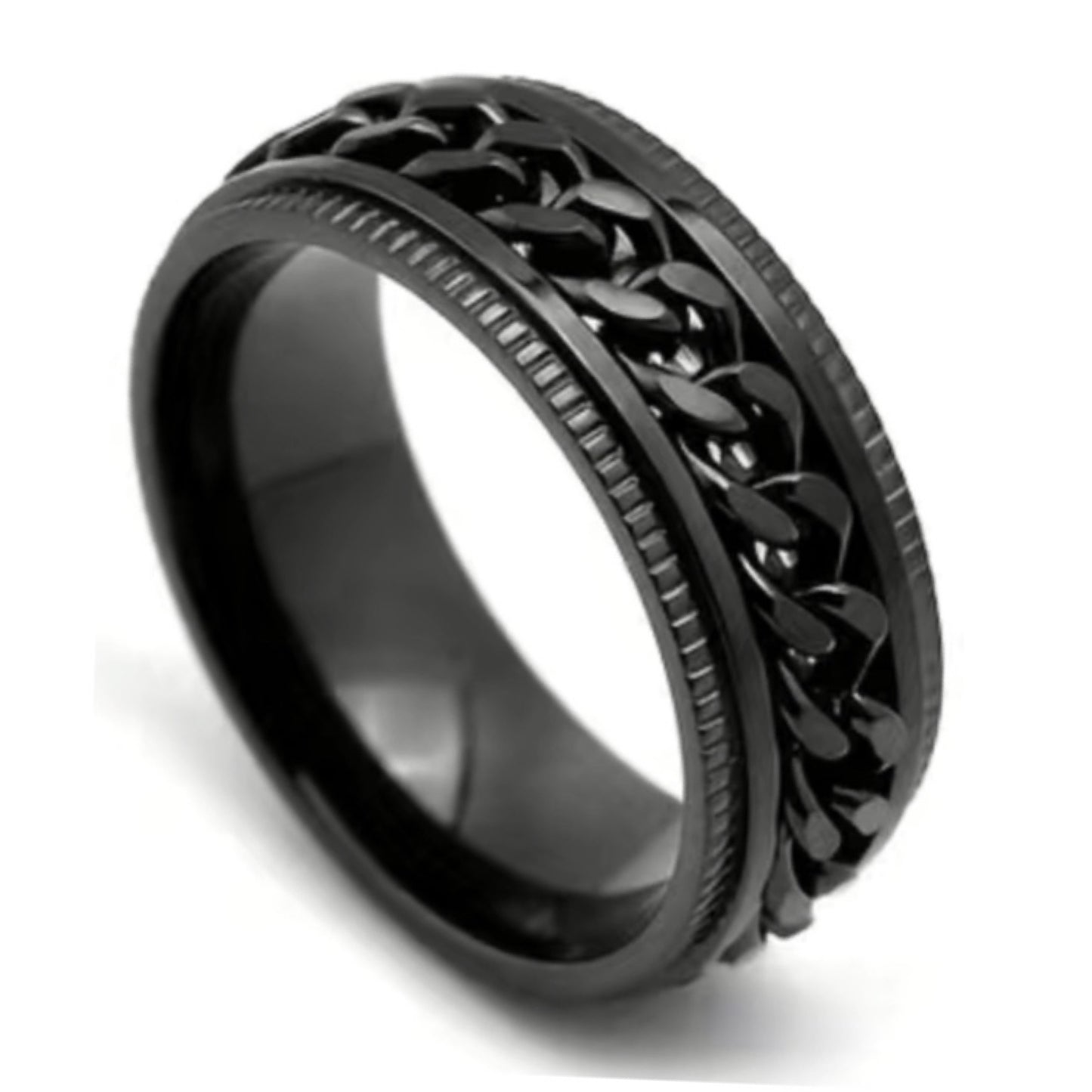 Black Stainless Steel Chain Spinner Ring – Textured Edge Fidget Band