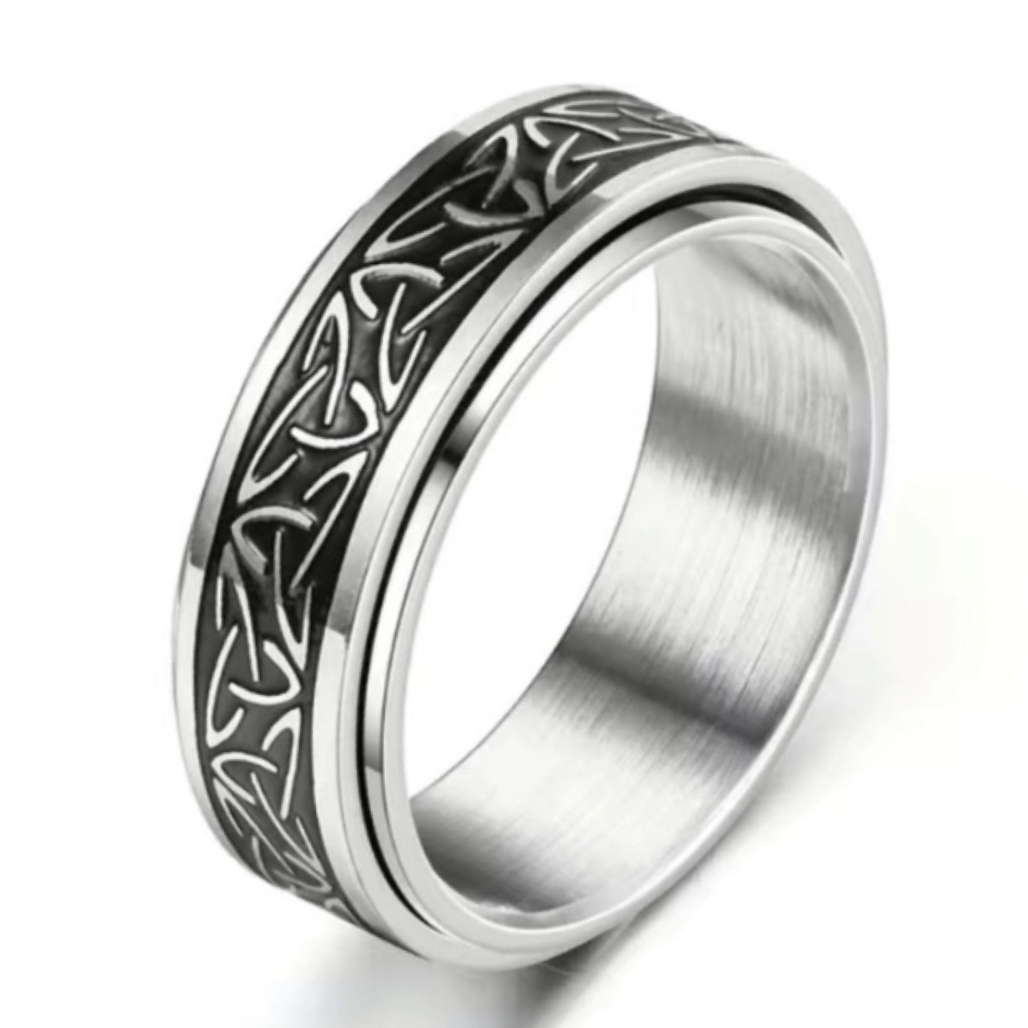 Stainless Steel Celtic Knot Spinner Ring - Silver Black Band