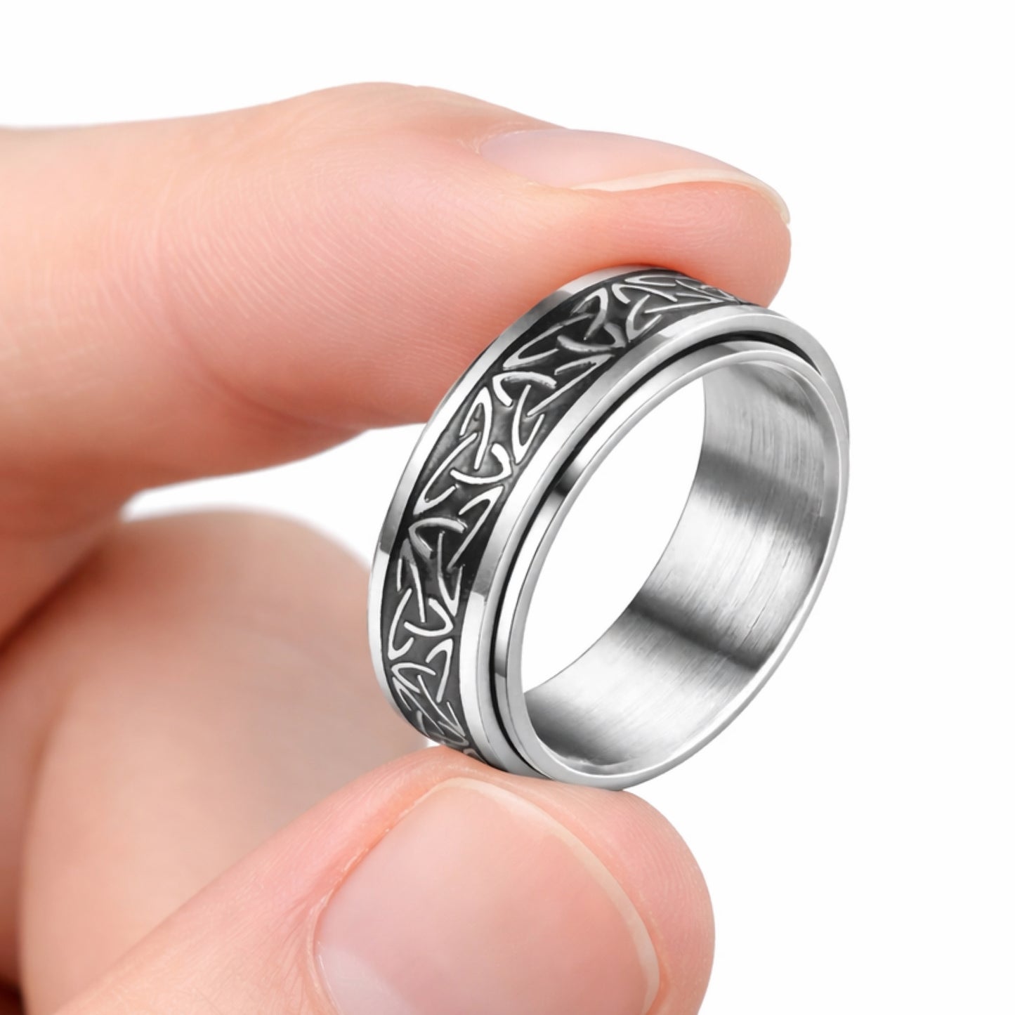 Stainless Steel Celtic Knot Spinner Ring - Silver Black Band