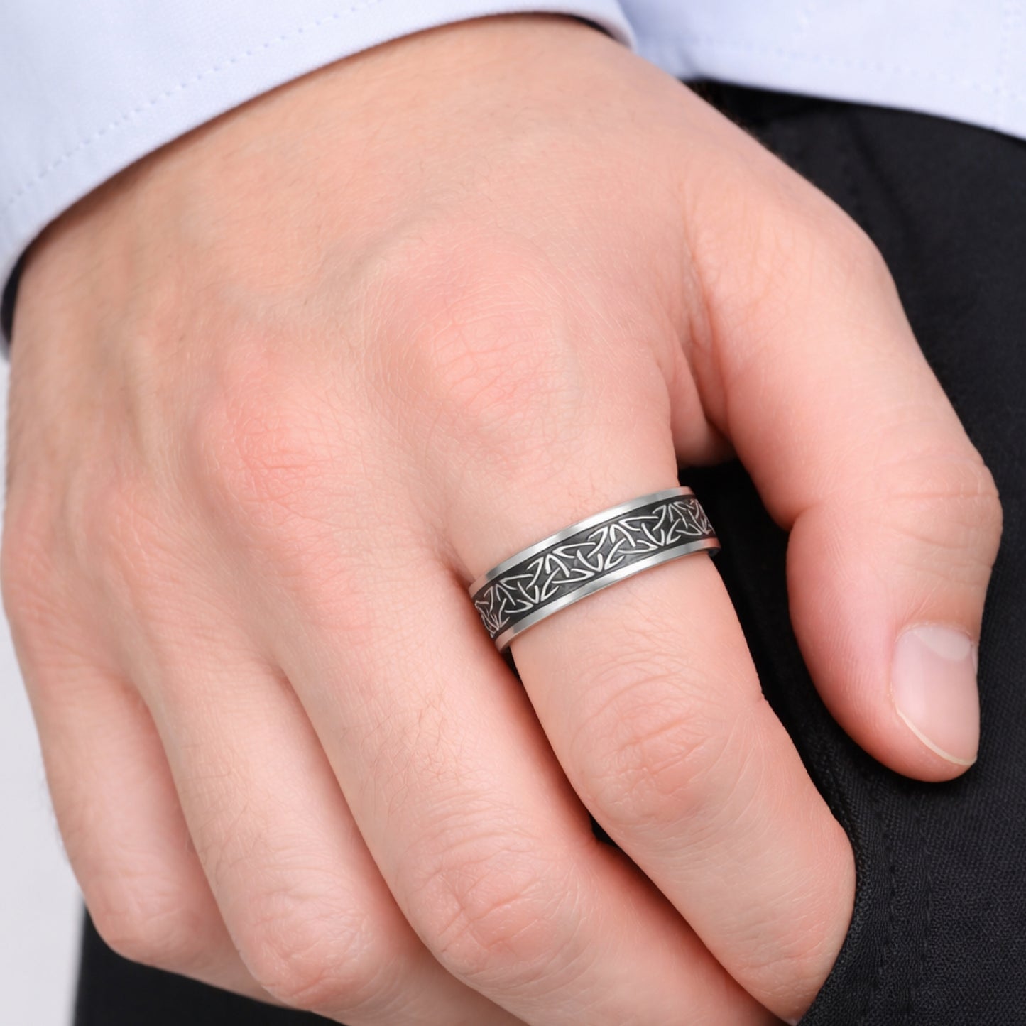 Stainless Steel Celtic Knot Spinner Ring - Silver Black Band