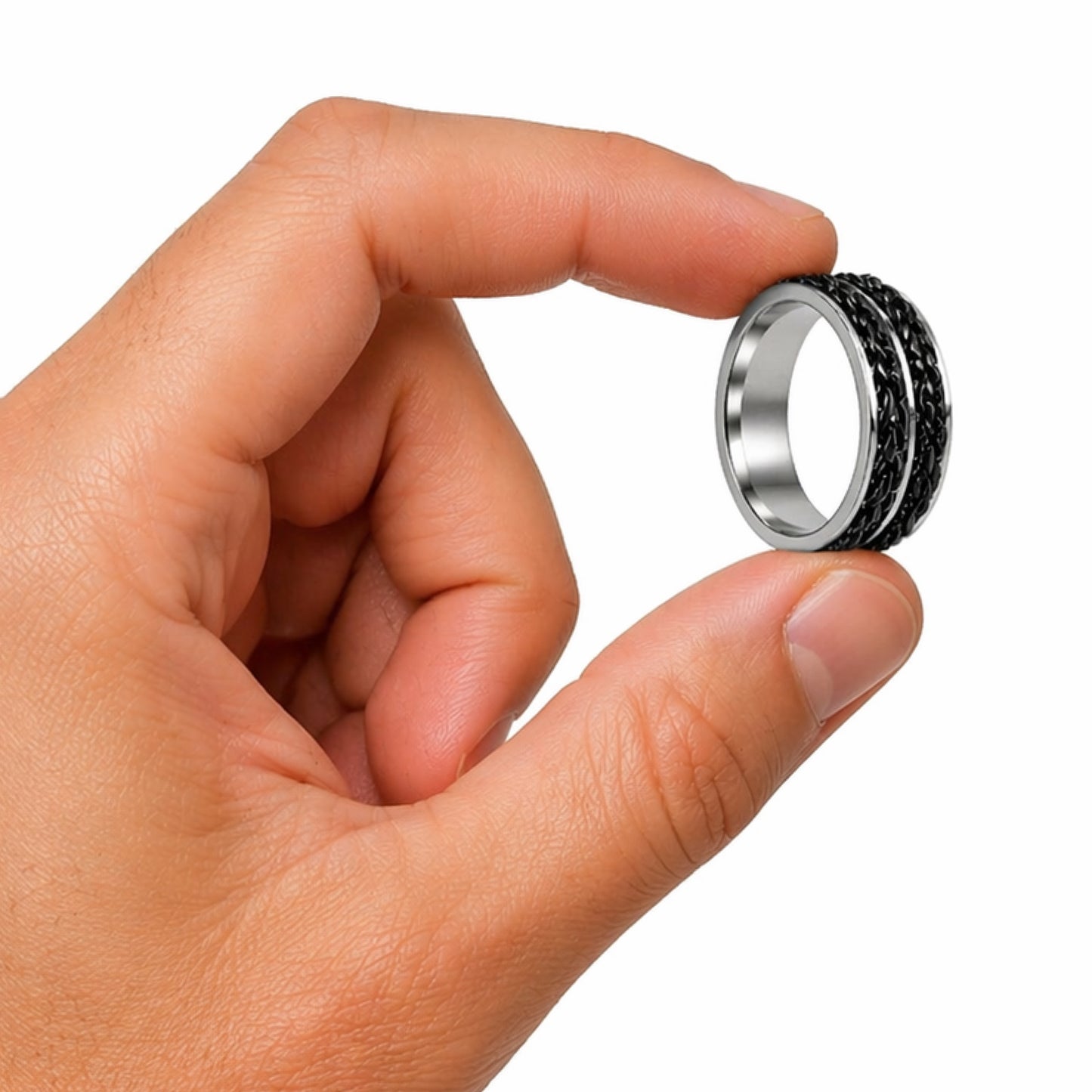 Silver Black Wide Double Chain Fidget Spinner Ring