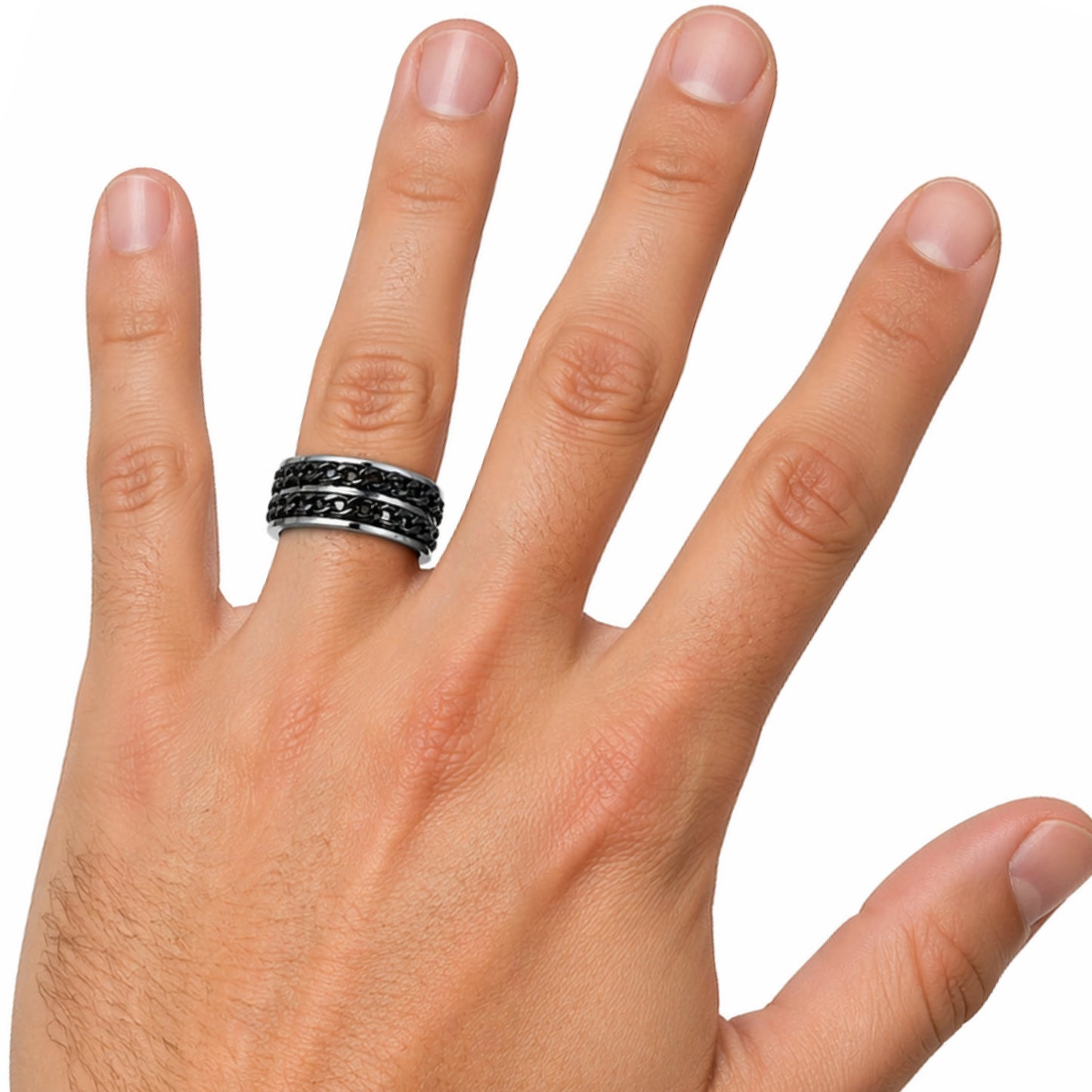 Silver Black Wide Double Chain Fidget Spinner Ring