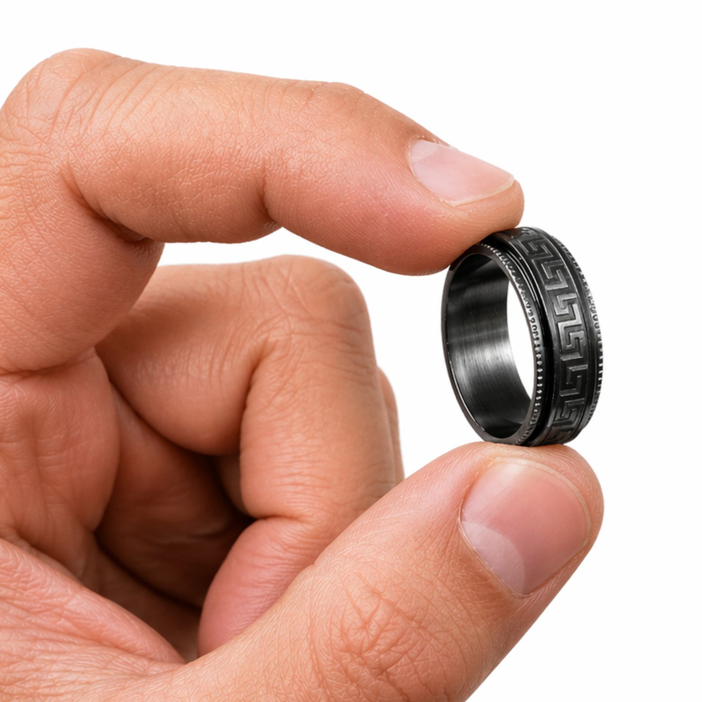 Black Greek Key Spinner Ring – Stainless Steel