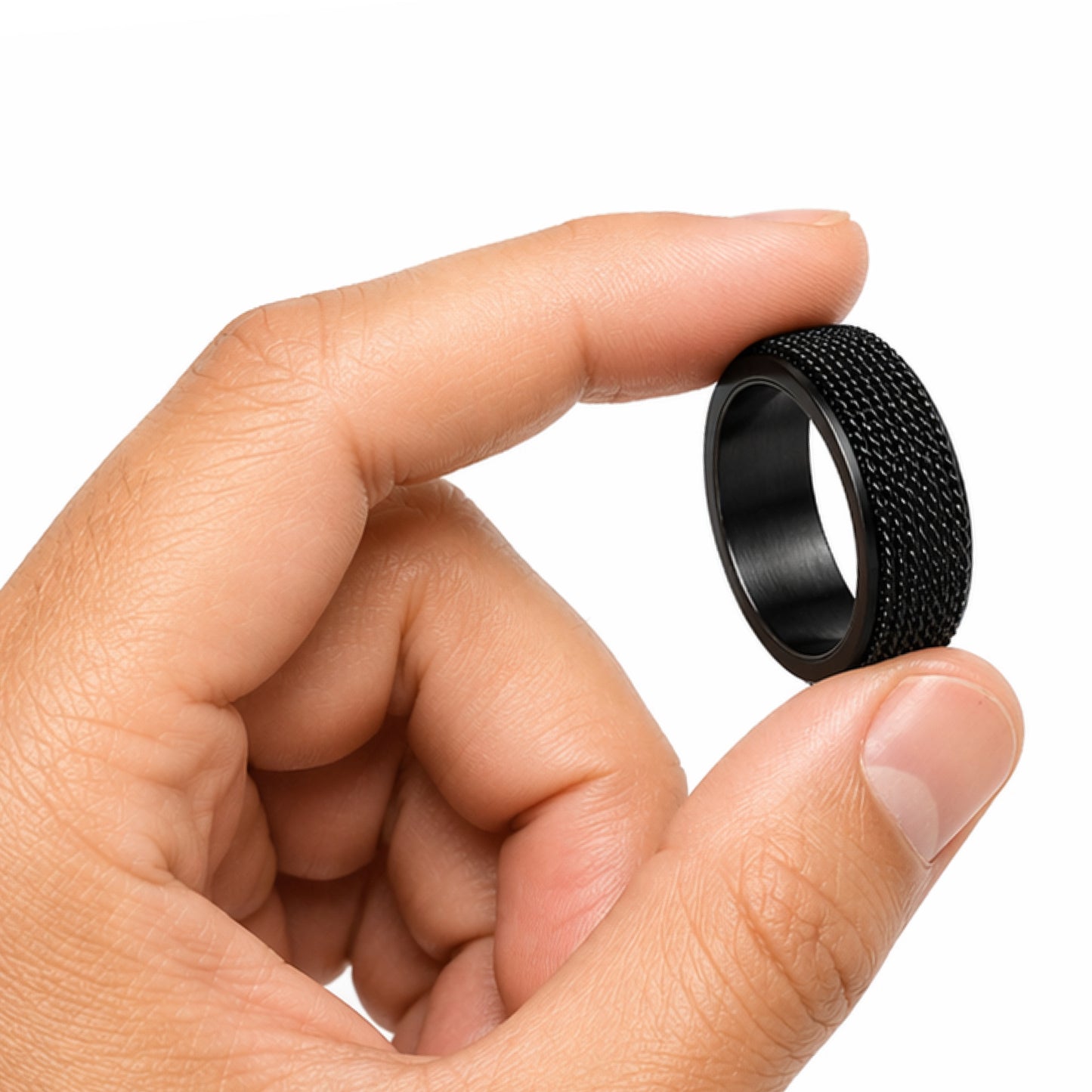 Black Stainless Steel Mesh Spinner Ring – Wide Band Fidget Ring
