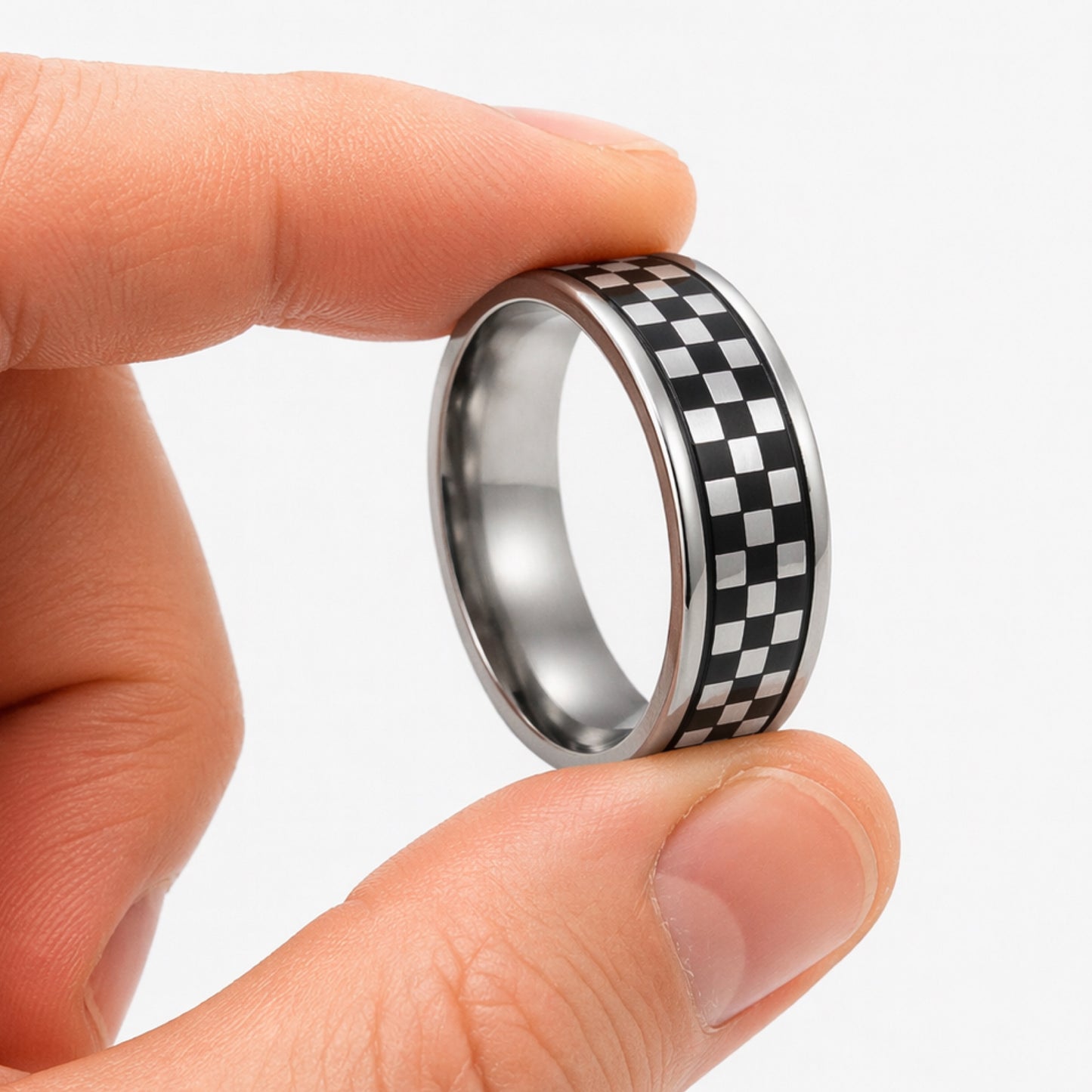 Stainless Steel Checkerboard Ring Black Silver Band