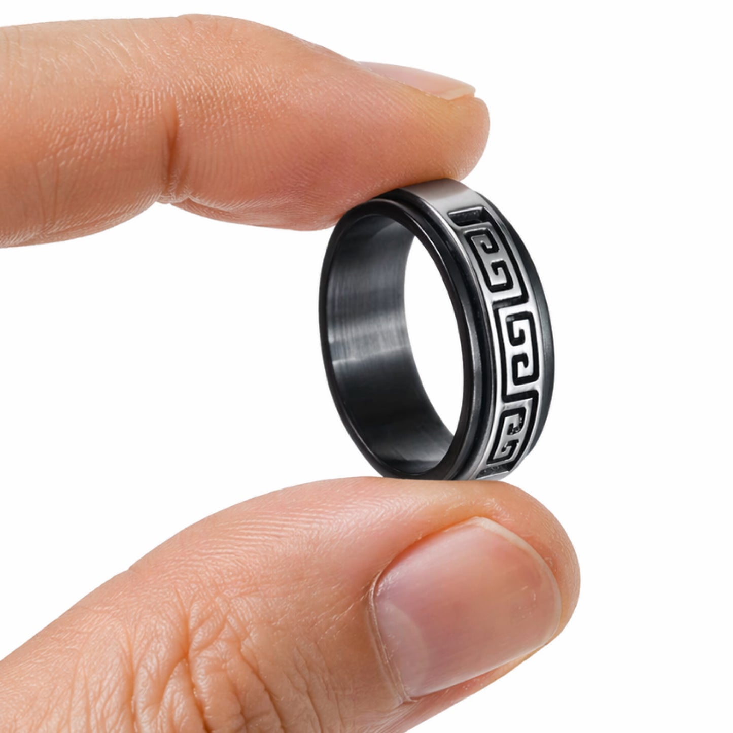 Stainless Steel Greek Key Cutout Spinner Ring – Black & Silver