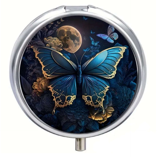 Blue Butterfly Moon Pill Case – Portable Travel Medicine Organizer