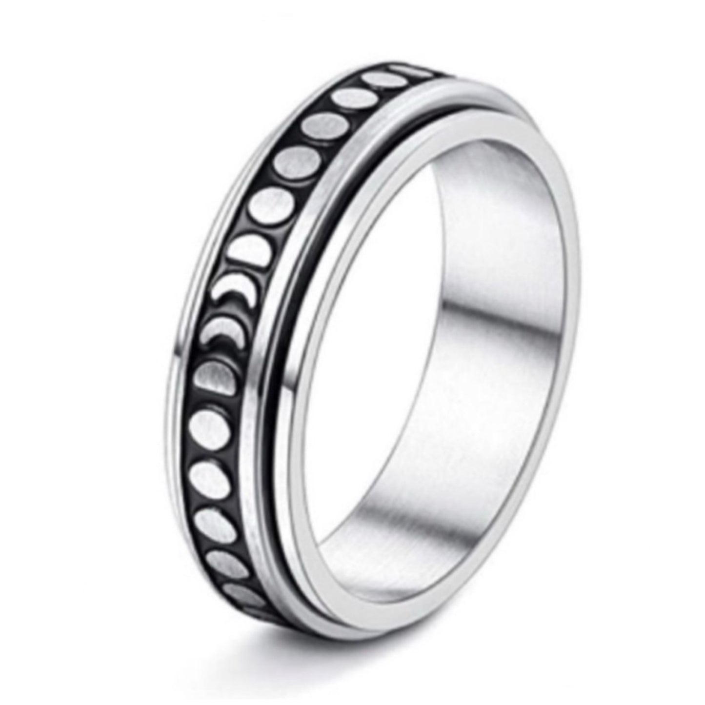 Stainless Steel Moon Phase Spinner Ring – Celestial Rotating Band