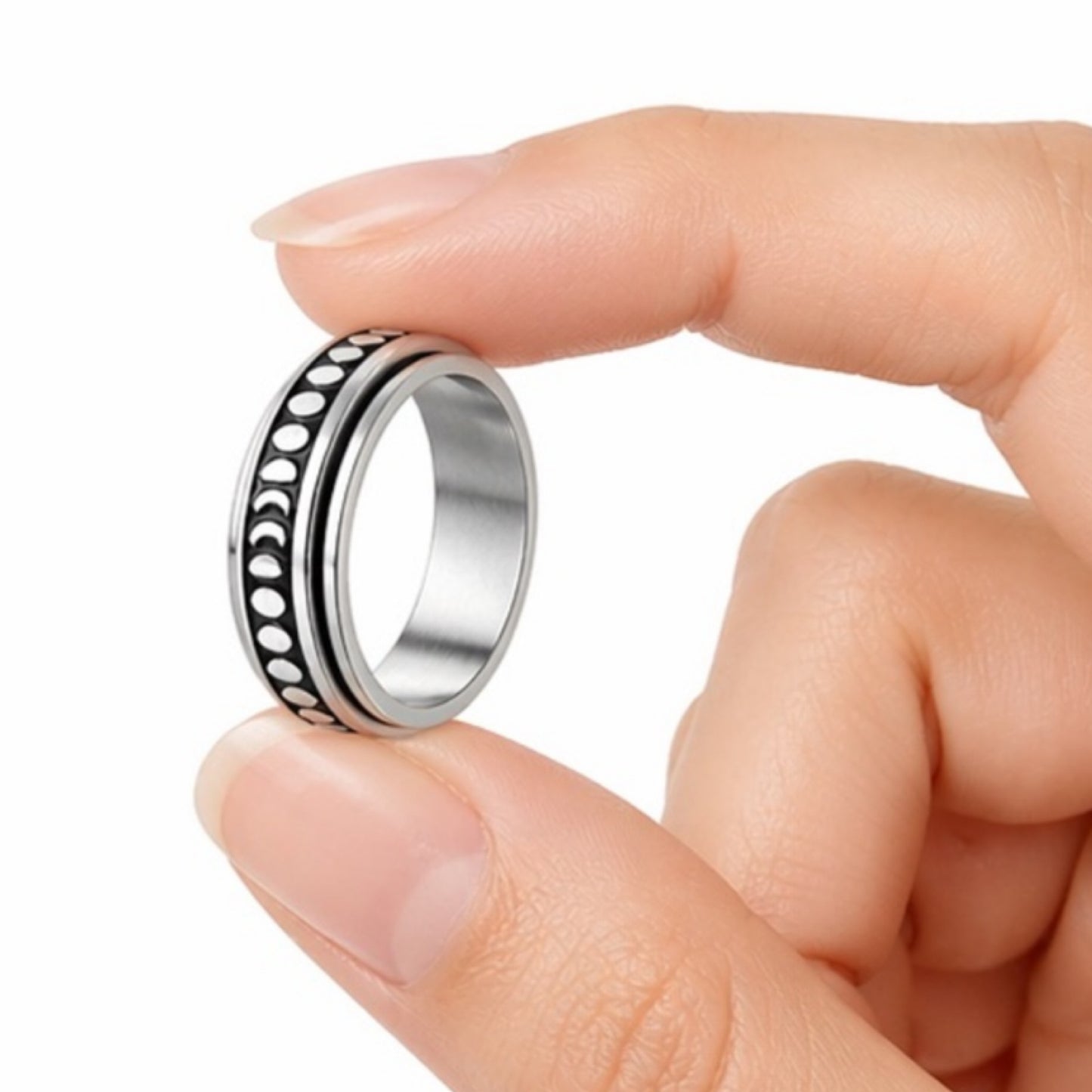 Stainless Steel Moon Phase Spinner Ring – Celestial Rotating Band