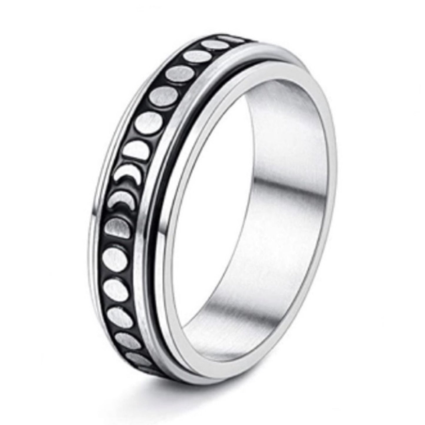 Stainless Steel Moon Phase Spinner Ring – Celestial Rotating Band