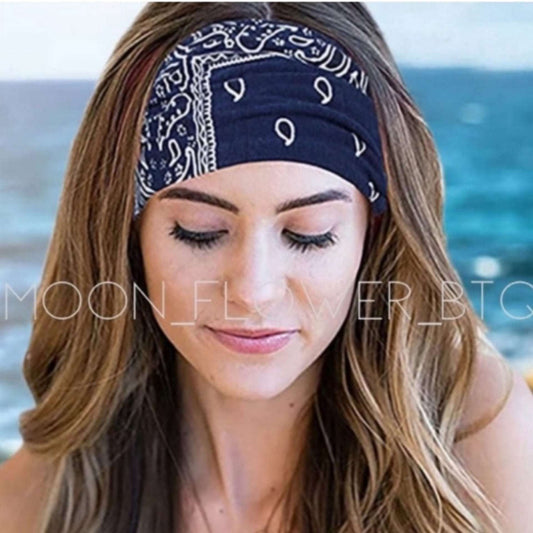 Navy Blue Paisley Bandana Headband – Boho Twist Knot Hair Wrap