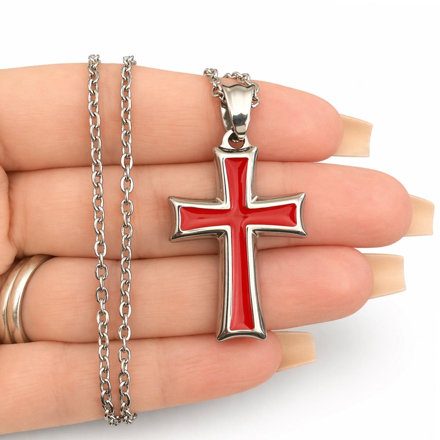 Silver Red Enamel Cross Pendant Chain Necklace