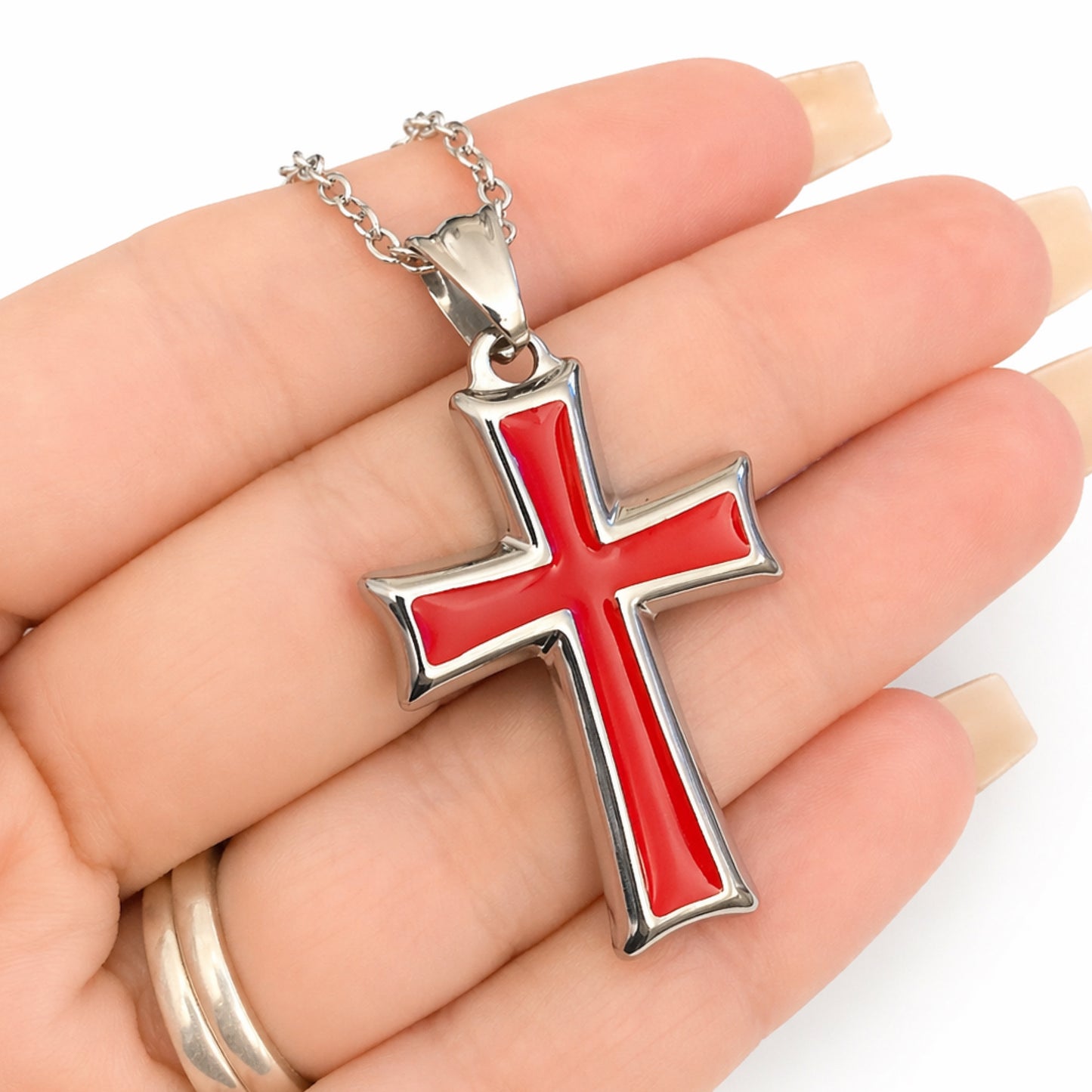 Silver Red Enamel Cross Pendant Chain Necklace