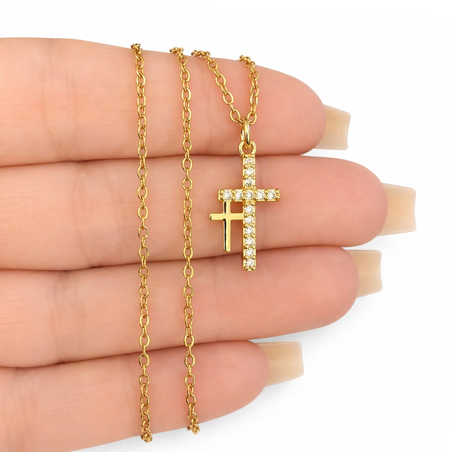 Dainty Double Cross Necklace - Gold Clear CZ