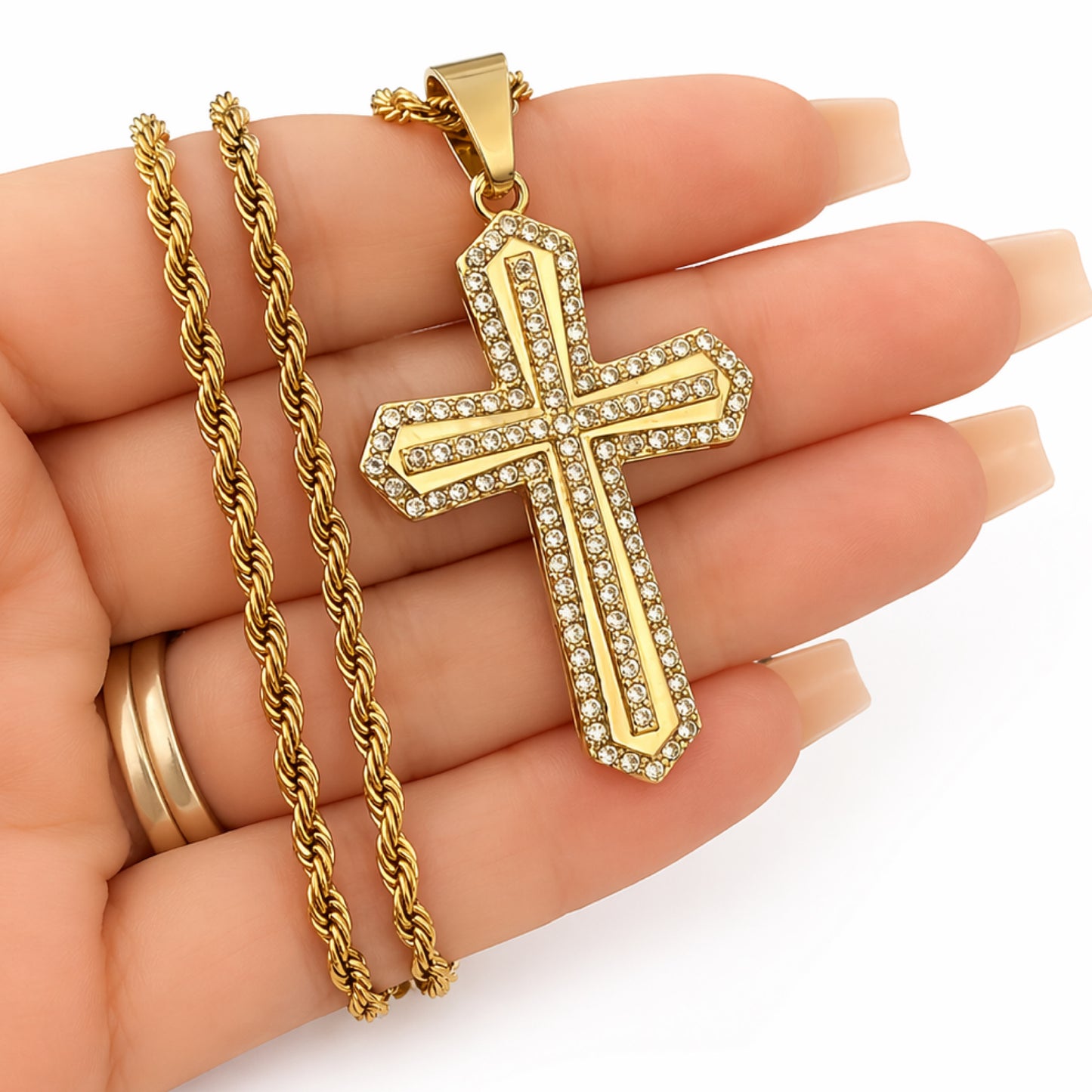 Gold CZ Cross Necklace – 18K Gold  Rope Chain 24”