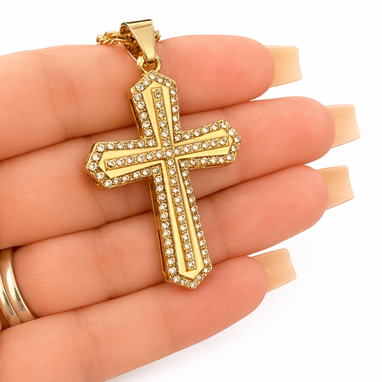 Gold CZ Cross Necklace – 18K Gold  Rope Chain 24”