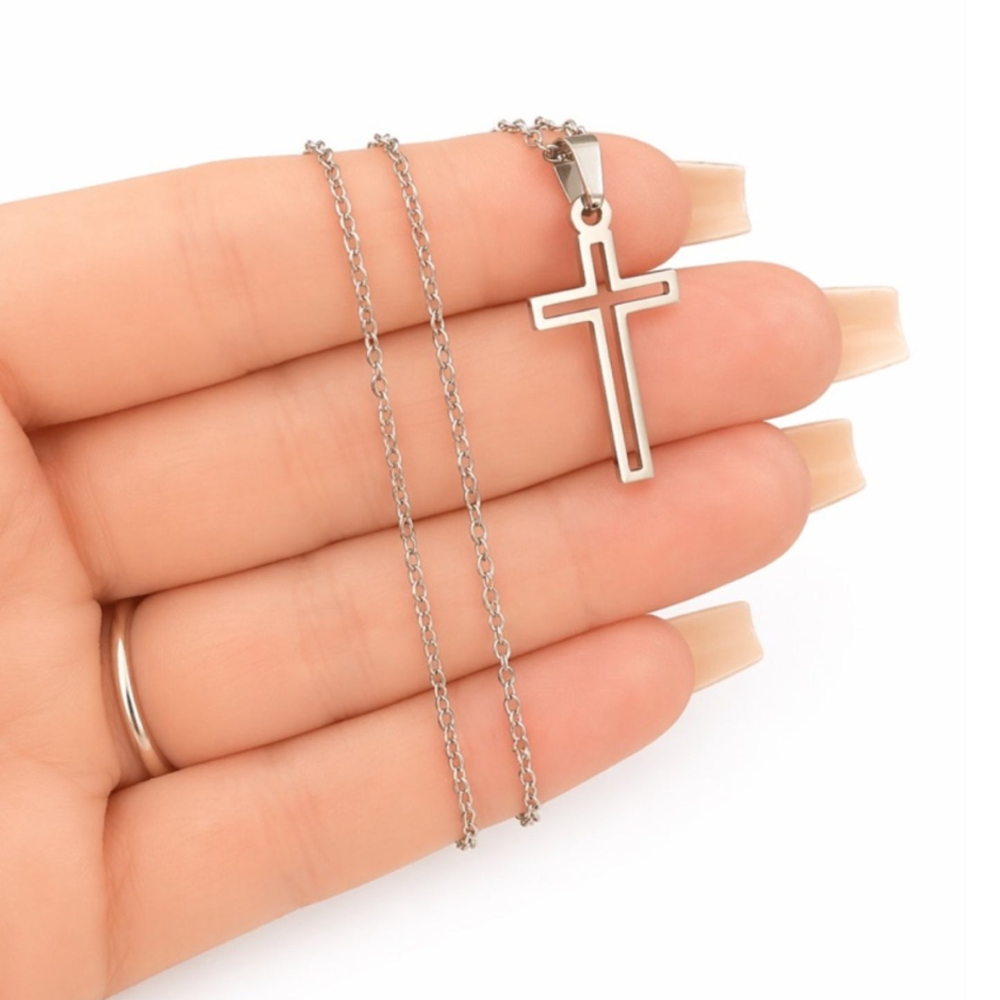 Stainless Steel Minimalist Cutout Cross Necklace – 18” Chain