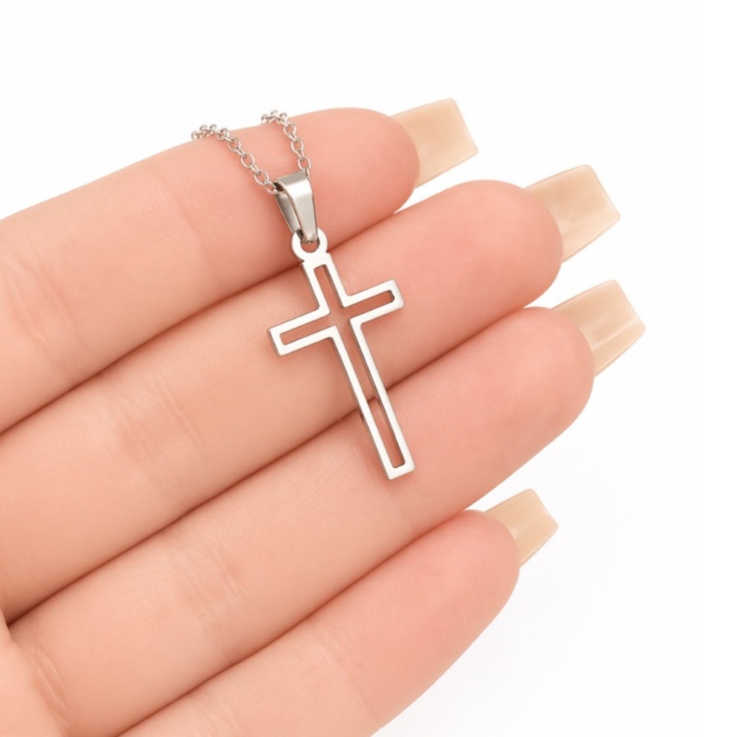 Stainless Steel Minimalist Cutout Cross Necklace – 18” Chain
