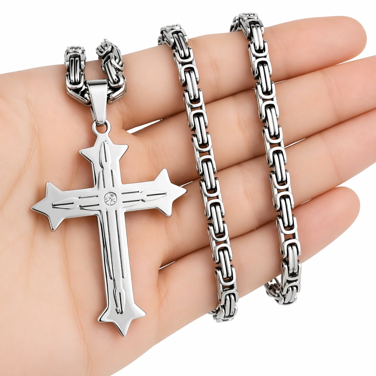 Stainless Steel Cross Necklace – CZ Pendant 24” Byzantine Chain
