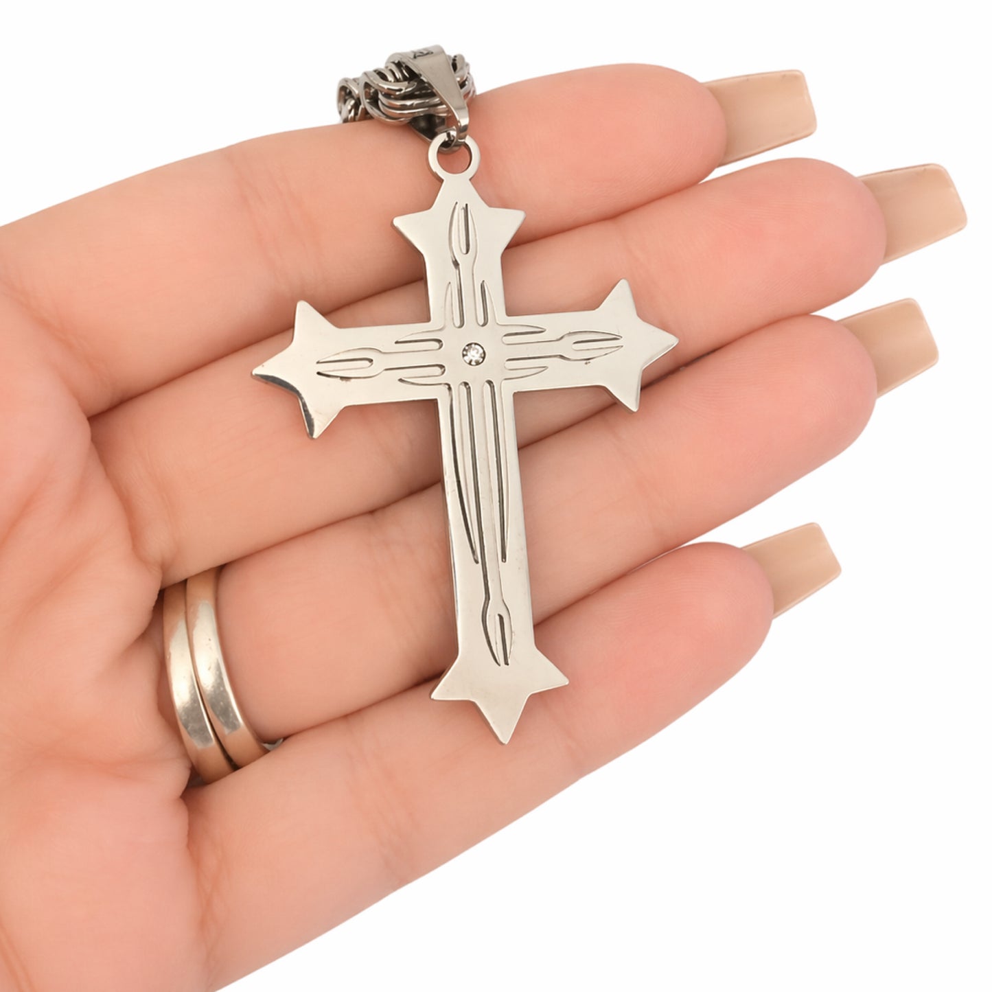 Stainless Steel Cross Necklace – CZ Pendant 24” Byzantine Chain
