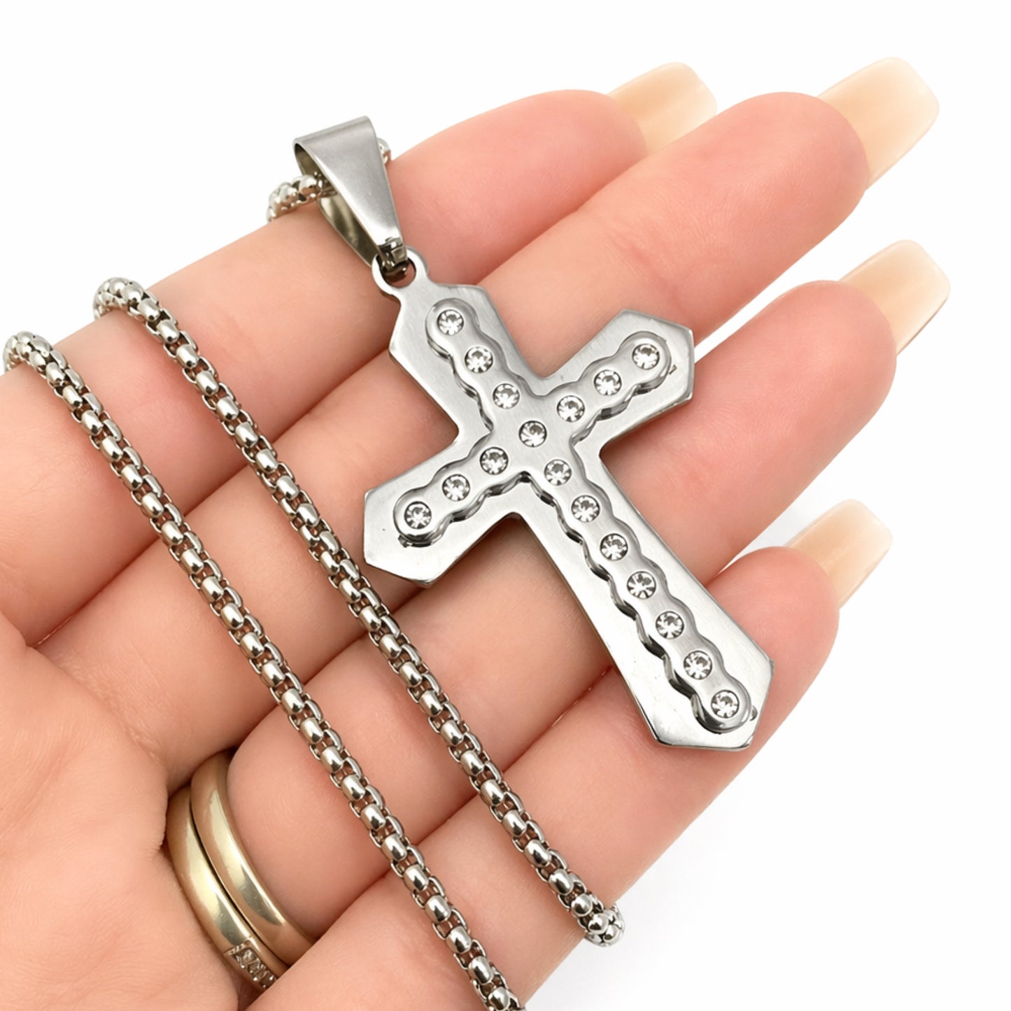 Stainless Steel Cross Necklace – CZ Pendant 22” Box Chain