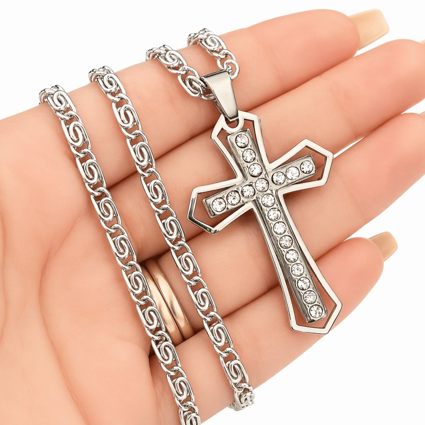 Silver Stainless Steel Cross Necklace CZ Pendant – 20” Chain