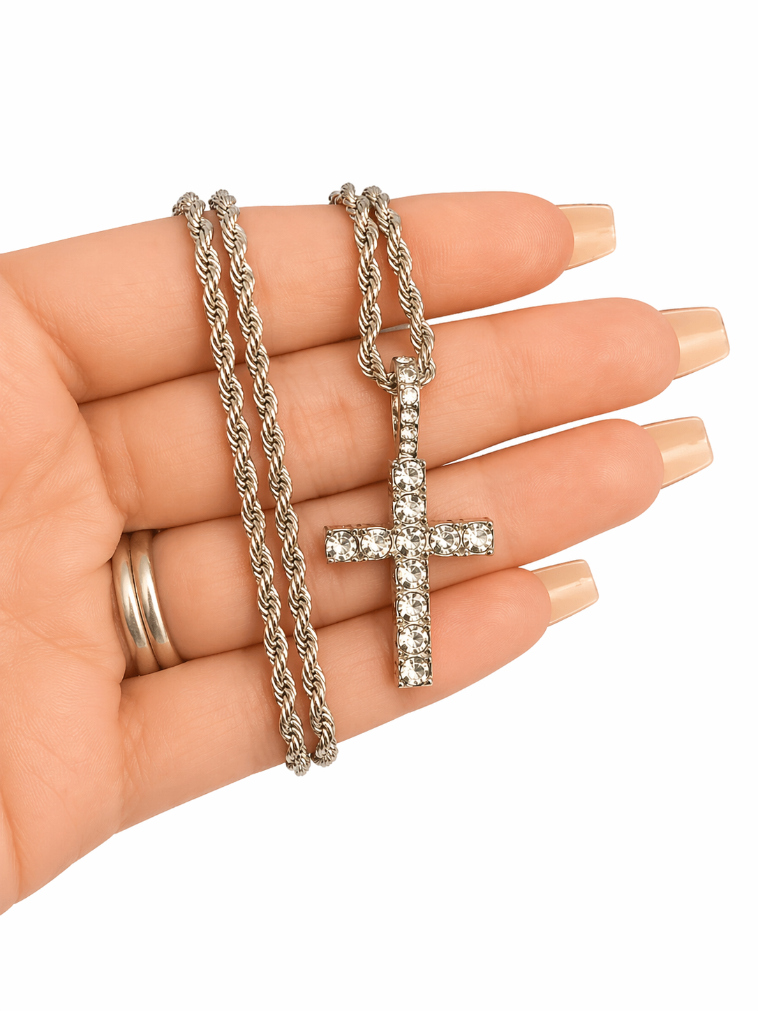 White Gold CZ Cross Necklace – Stainless Steel Rope Chain 22”
