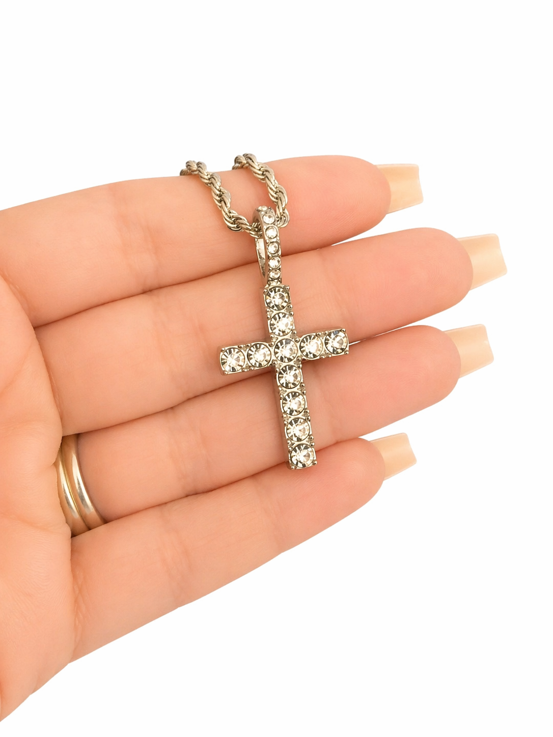 White Gold CZ Cross Necklace – Stainless Steel Rope Chain 22”